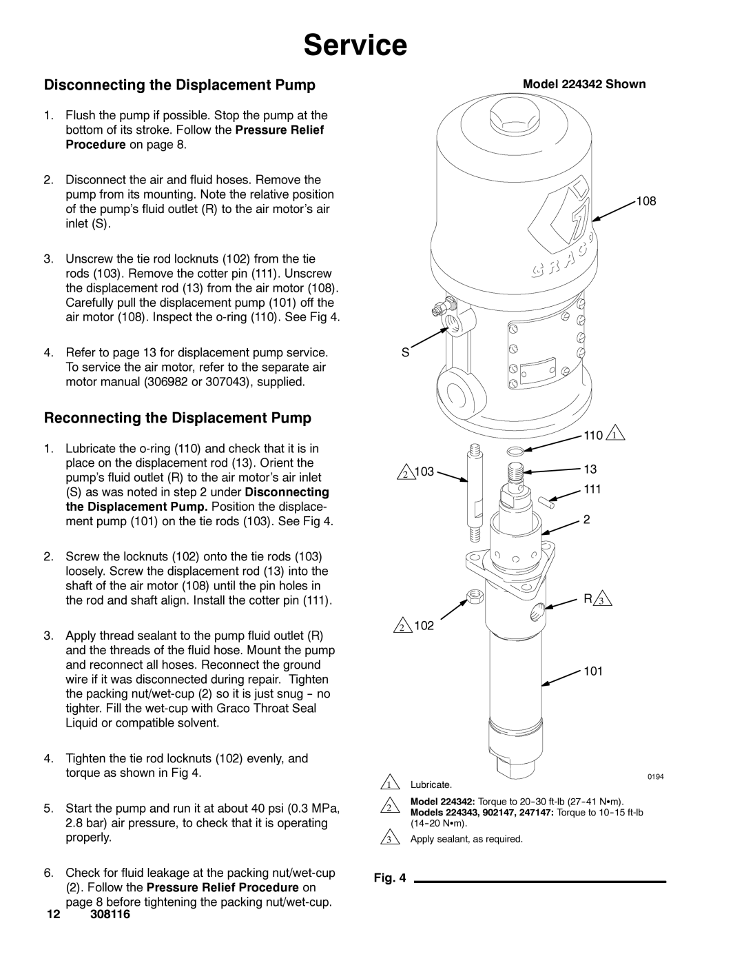 Graco 308116T Service, Disconnecting the Displacement Pump, Reconnecting the Displacement Pump 