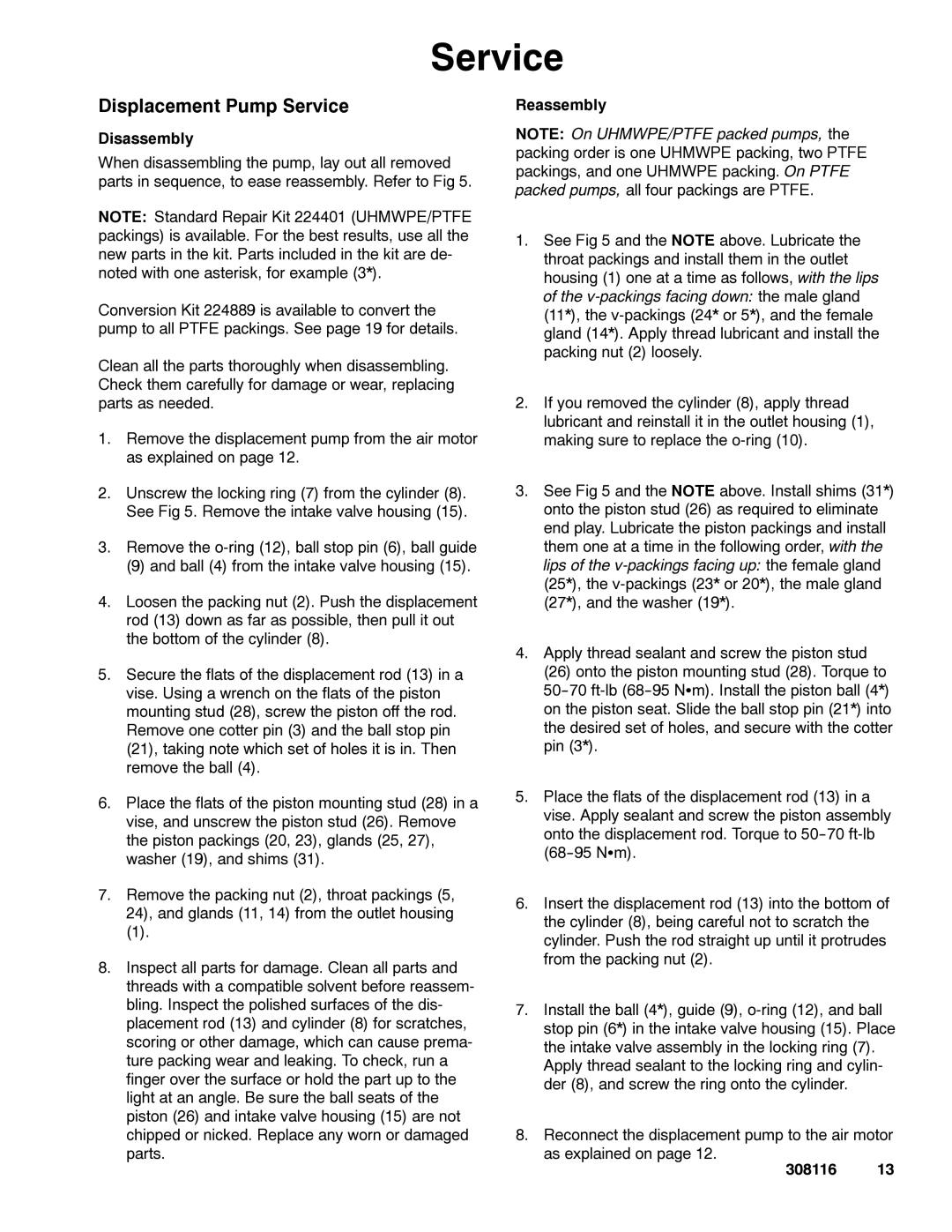 Graco 308116T important safety instructions Displacement Pump Service, Disassembly, Reassembly 