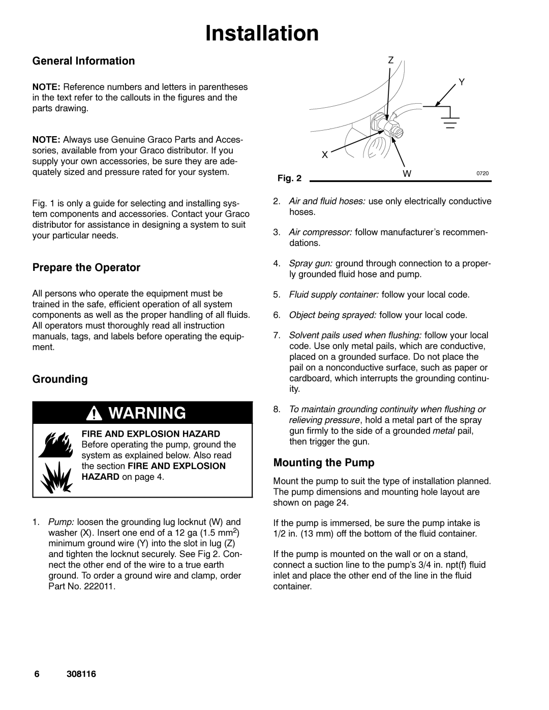 Graco 308116T Installation, General Information, Prepare the Operator Grounding, Mounting the Pump 