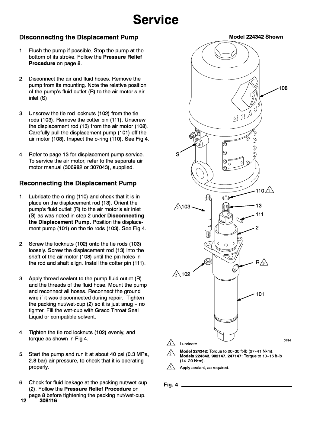 Graco 308116T Service, Disconnecting the Displacement Pump, Reconnecting the Displacement Pump, Model 224342 Shown 