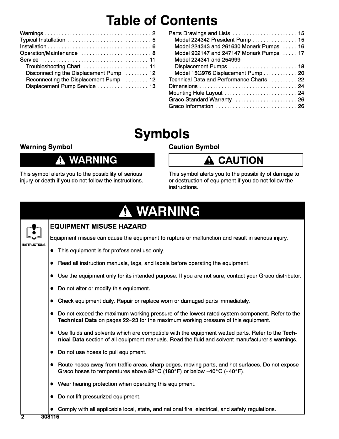 Graco 308116T Table of Contents, Symbols, Warning Symbol, Caution Symbol, Equipment Misuse Hazard 
