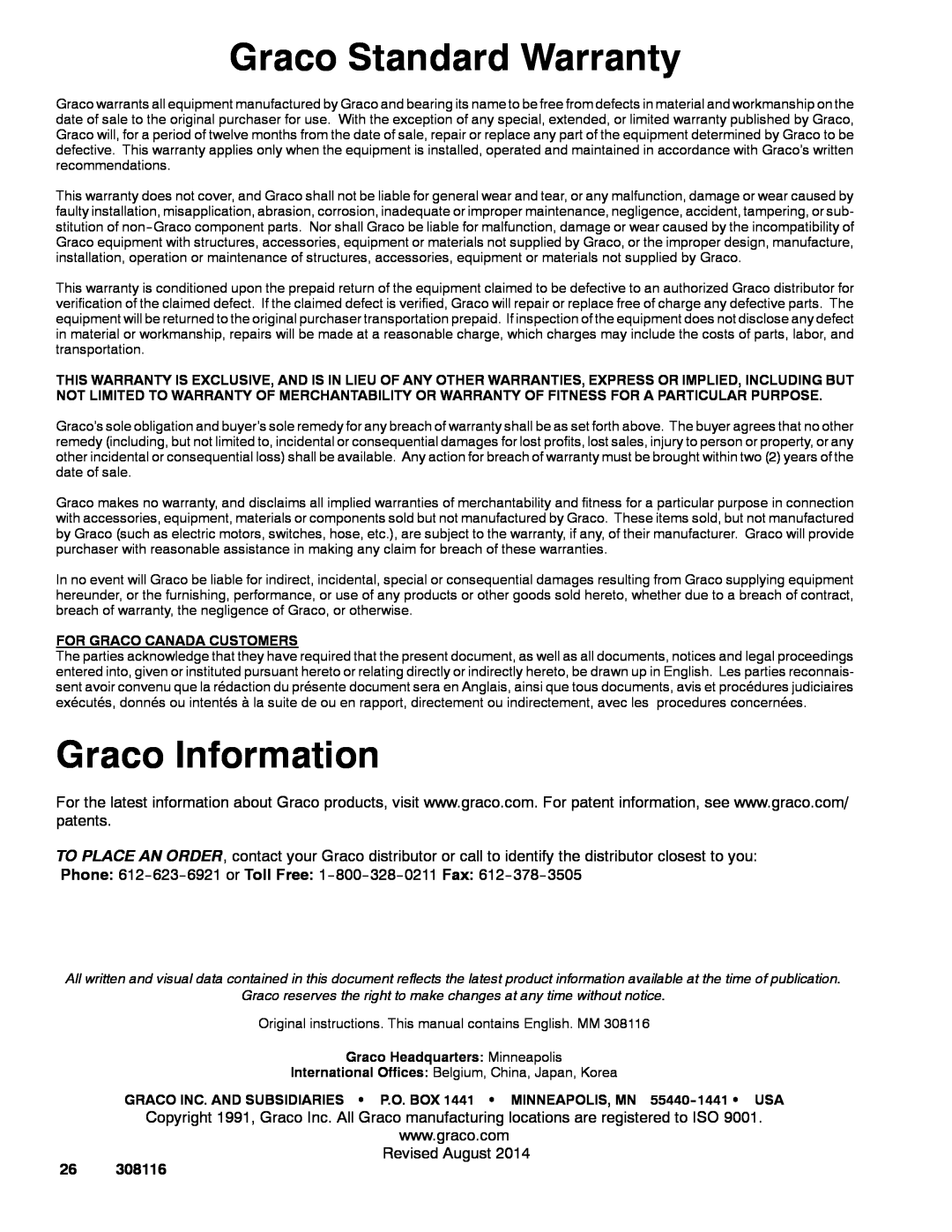Graco 308116T important safety instructions Graco Standard Warranty, Graco Information 