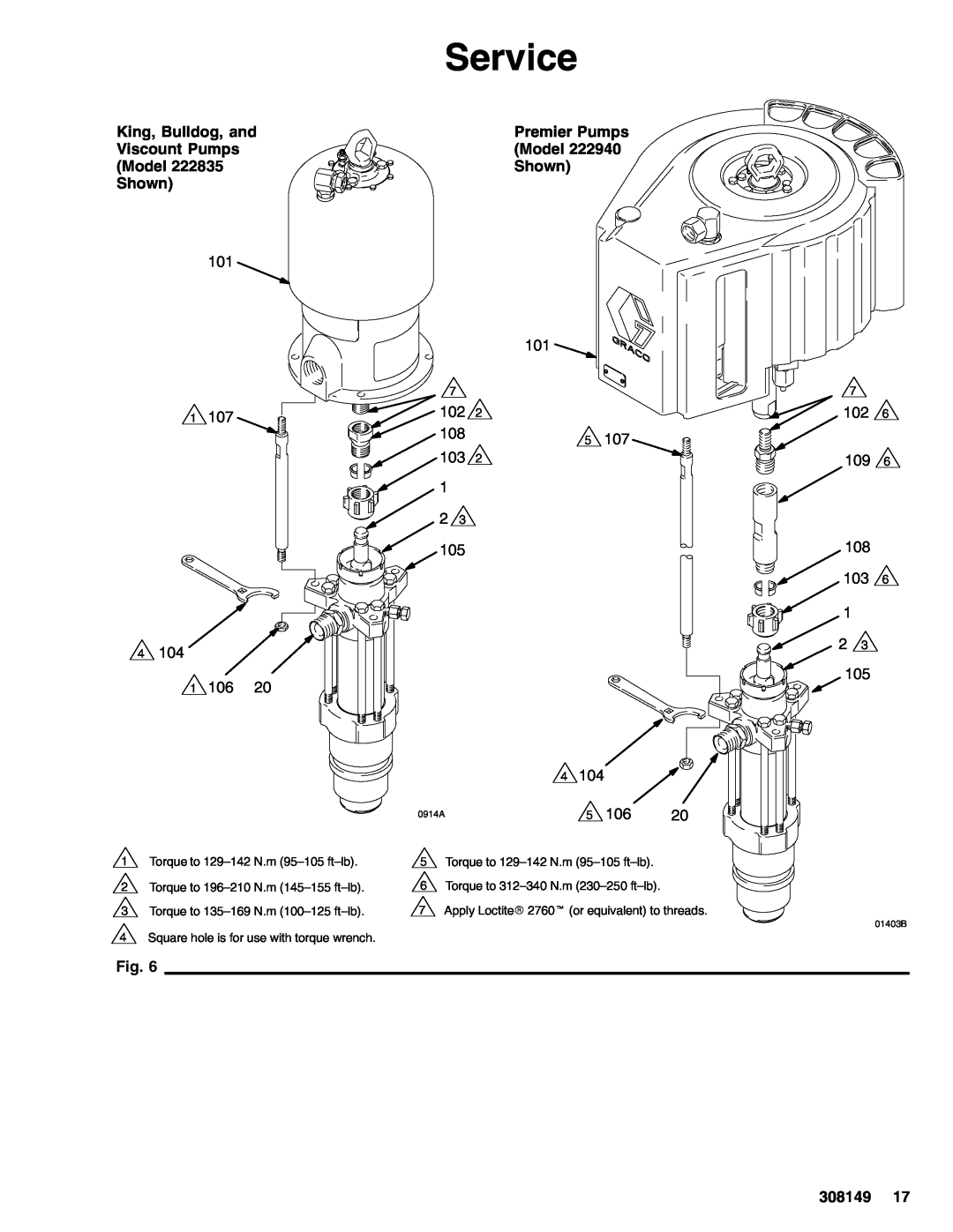 Graco 308149P important safety instructions Service, King, Bulldog, and, Premier Pumps, Viscount Pumps, Model, Shown 