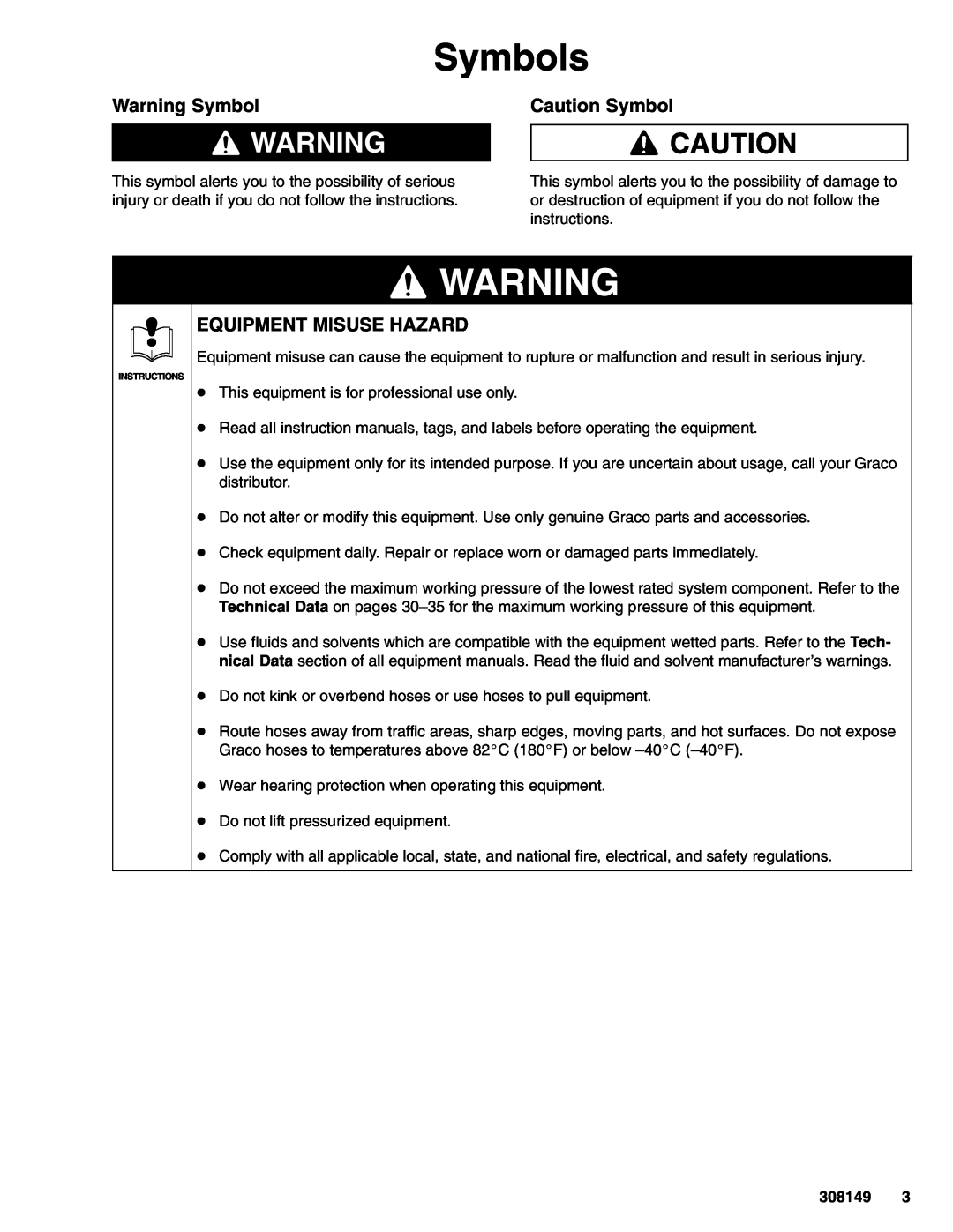 Graco 308149P important safety instructions Symbols, Warning Symbol, Caution Symbol, Equipment Misuse Hazard 