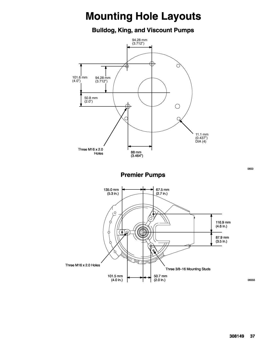 Graco 308149P important safety instructions Mounting Hole Layouts, Bulldog, King, and Viscount Pumps, Premier Pumps 