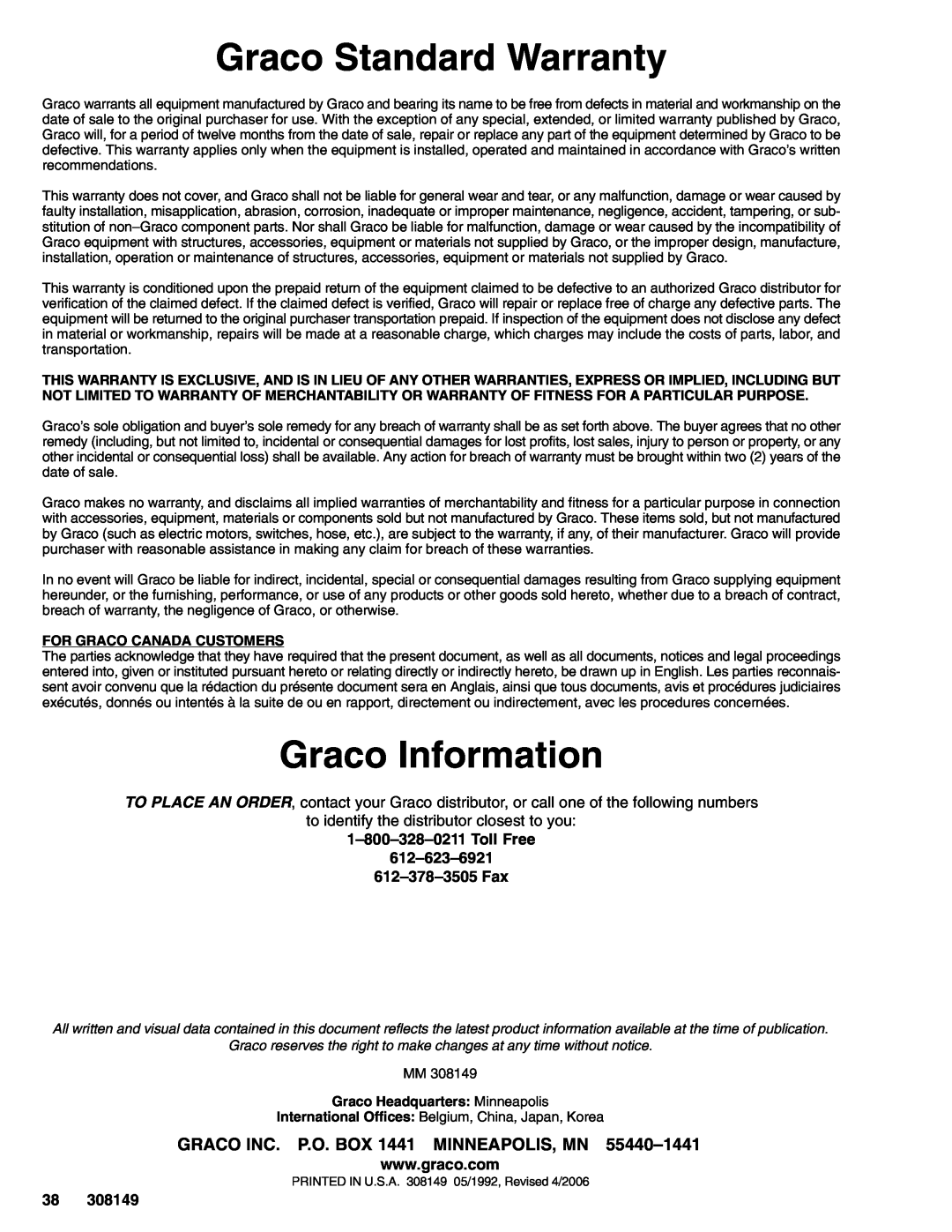 Graco 308149P Graco Standard Warranty, Graco Information, For Graco Canada Customers, Graco Headquarters Minneapolis 