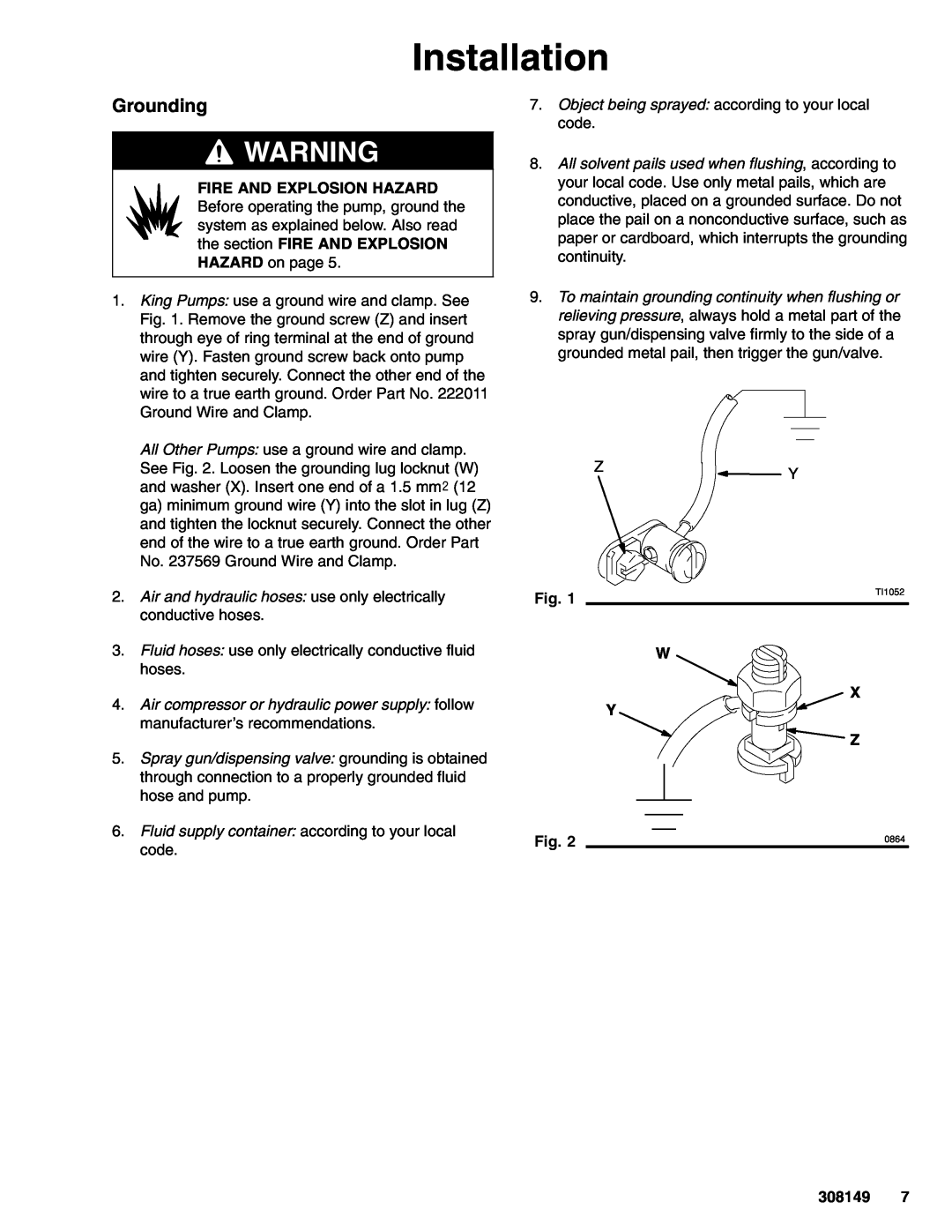 Graco 308149P important safety instructions Installation, Grounding 
