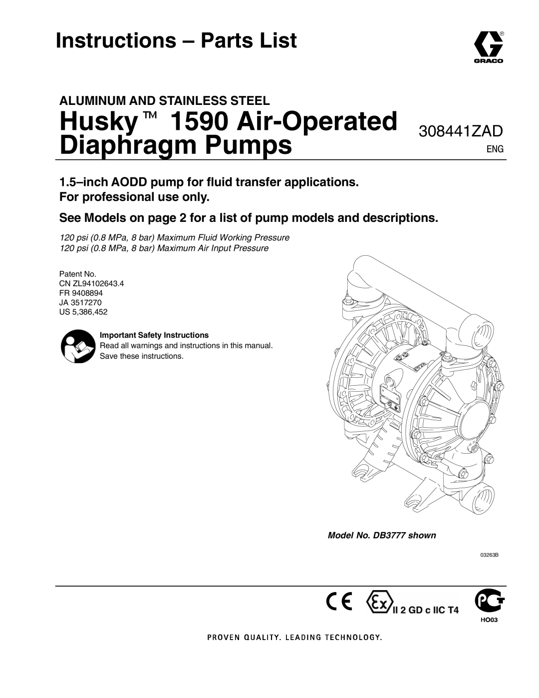 Graco 308441ZAD important safety instructions Huskyt 1590 Air-Operated Diaphragm Pumps, Instructions Parts List 