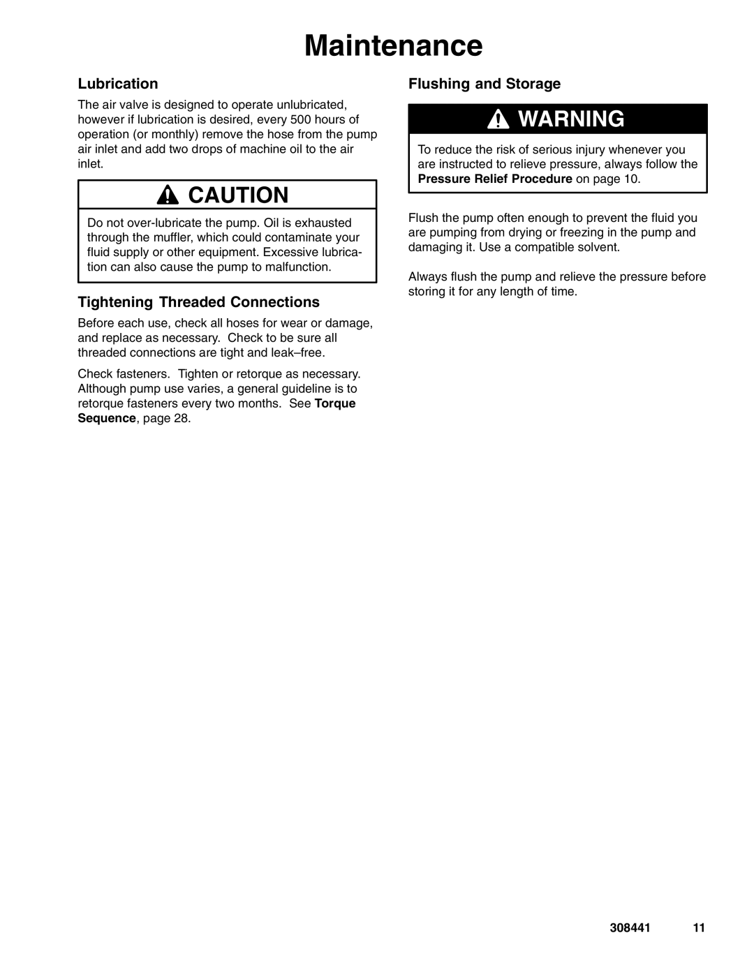 Graco 308441ZAD Maintenance, Lubrication, Tightening Threaded Connections, Flushing and Storage 