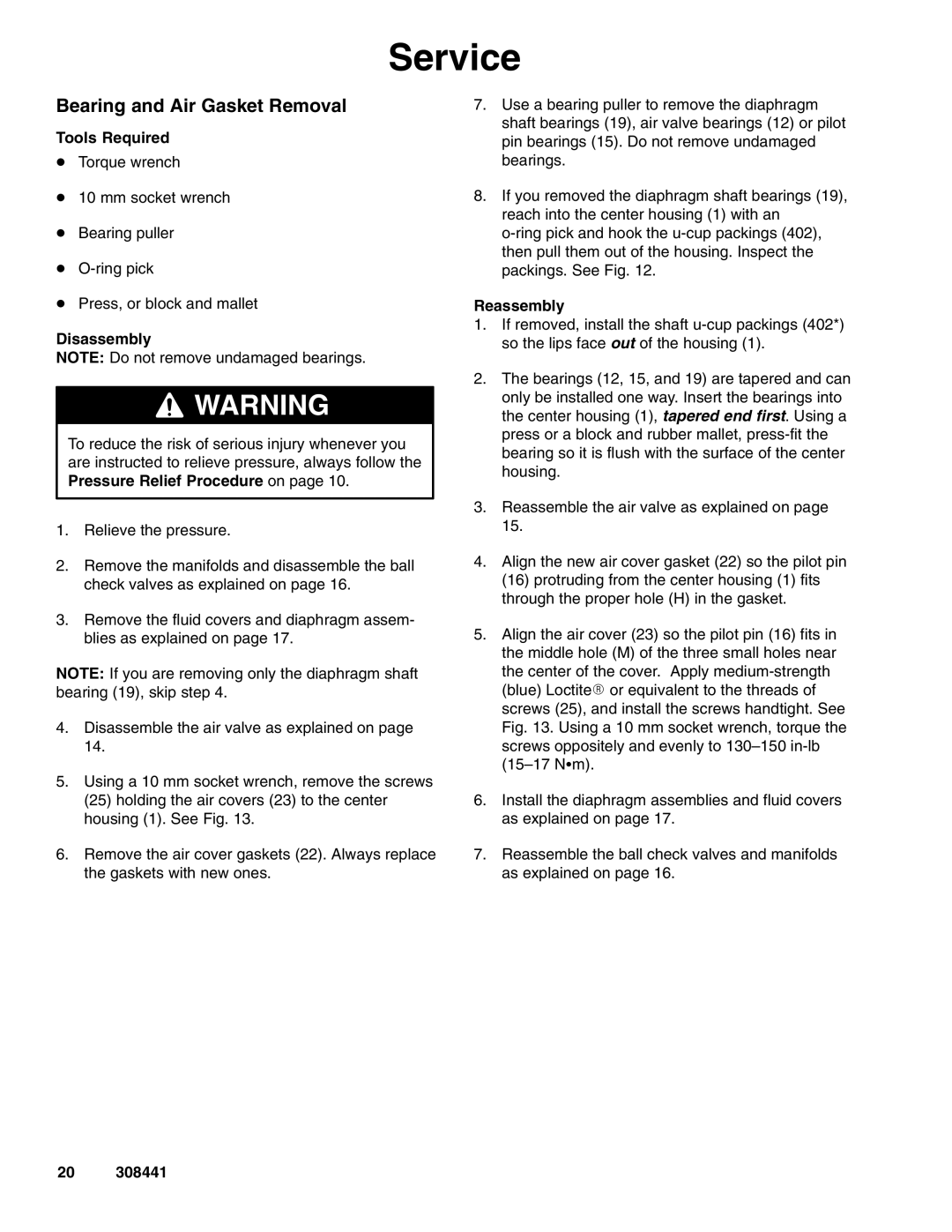 Graco 308441ZAD important safety instructions Bearing and Air Gasket Removal, Tools Required 