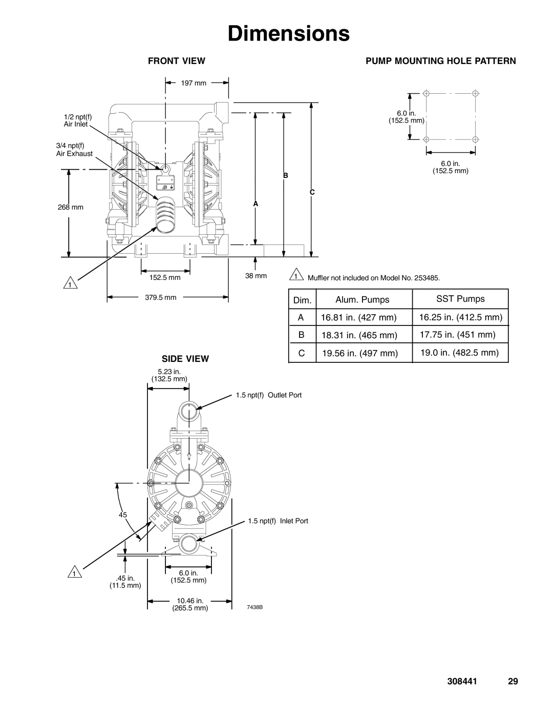 Graco 308441ZAD important safety instructions Dimensions, Front View Pump Mounting Hole Pattern, Side View 