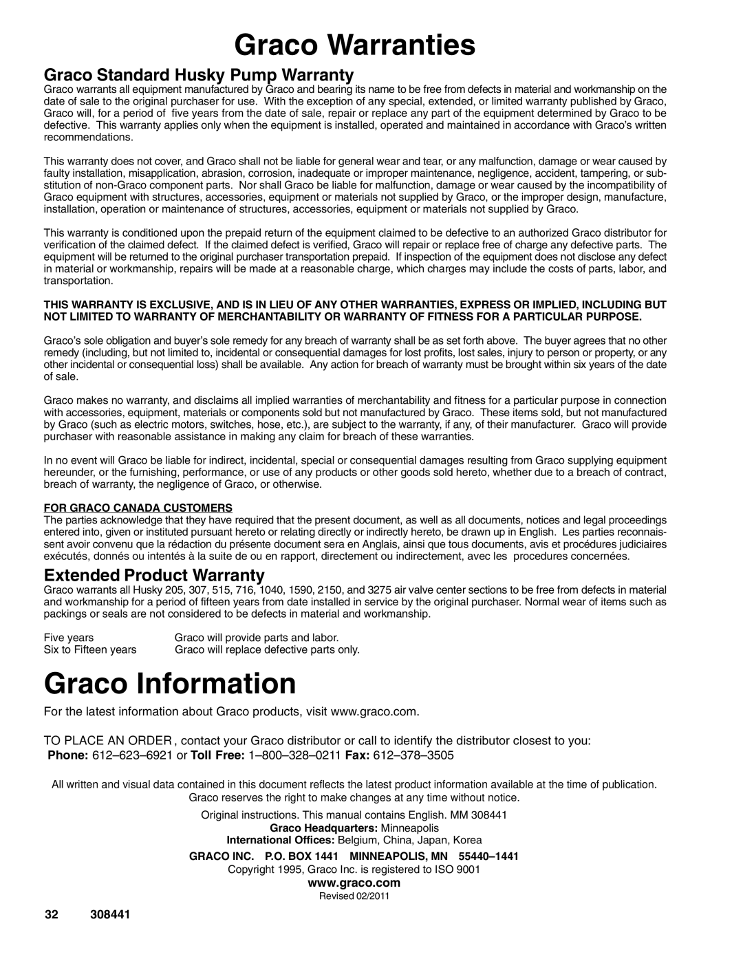 Graco 308441ZAD important safety instructions Graco Warranties, Graco Information 