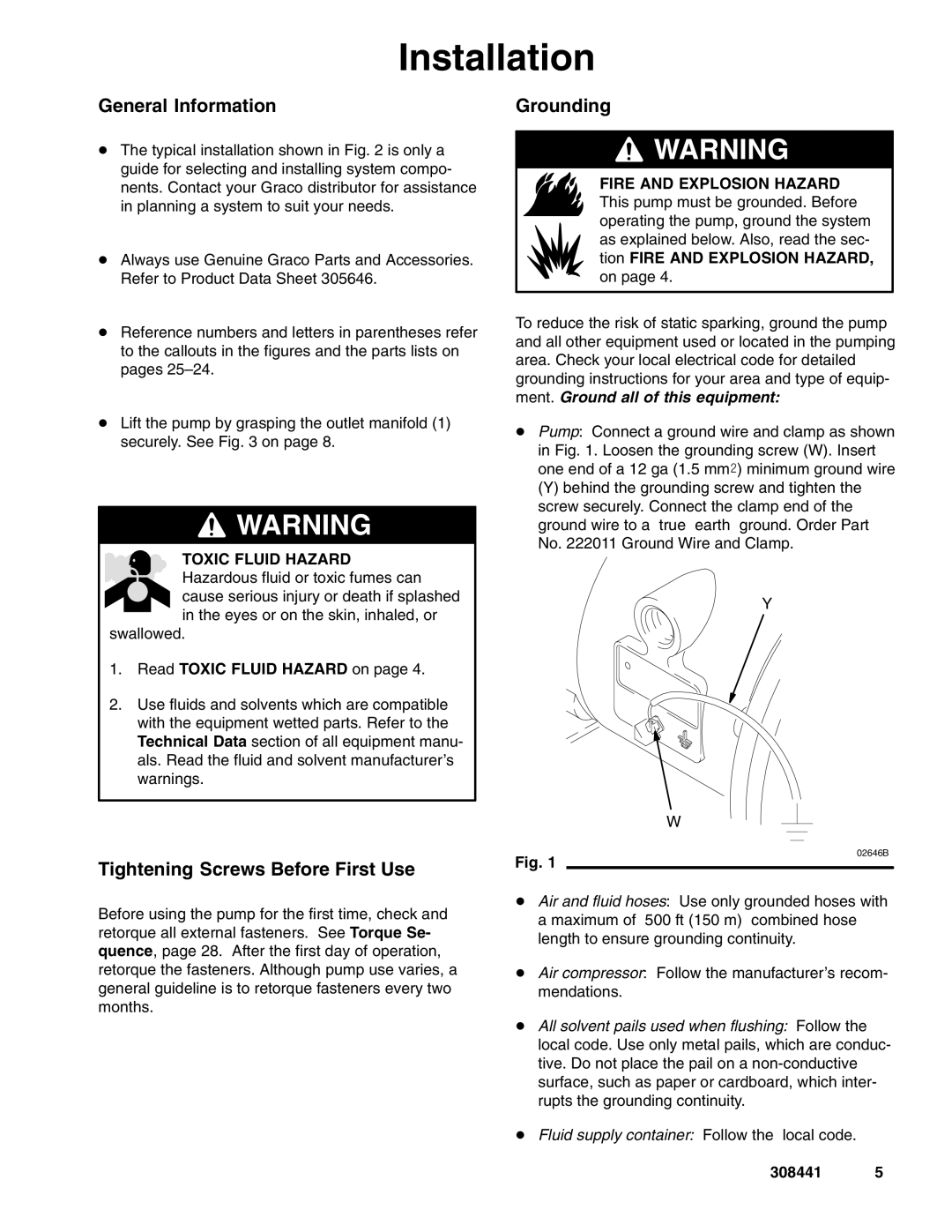 Graco 308441ZAD Installation, General Information, Tightening Screws Before First Use, Grounding, Toxic Fluid Hazard 