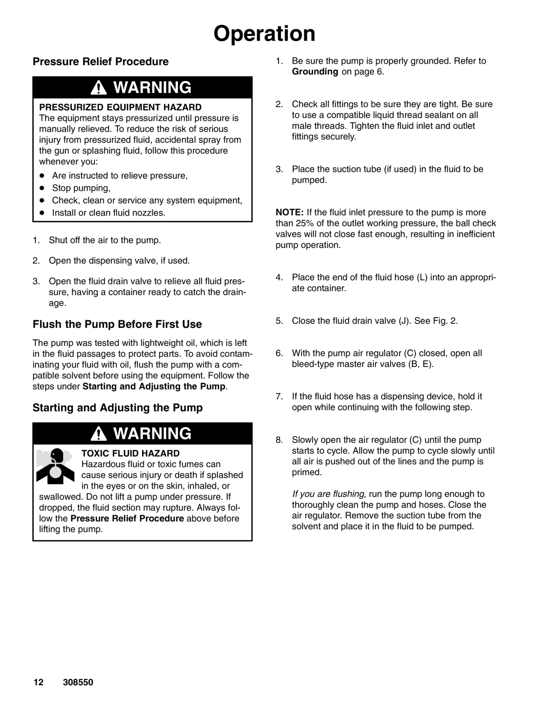 Graco 308550ZAC Operation, Pressure Relief Procedure, Flush the Pump Before First Use, Starting and Adjusting the Pump 