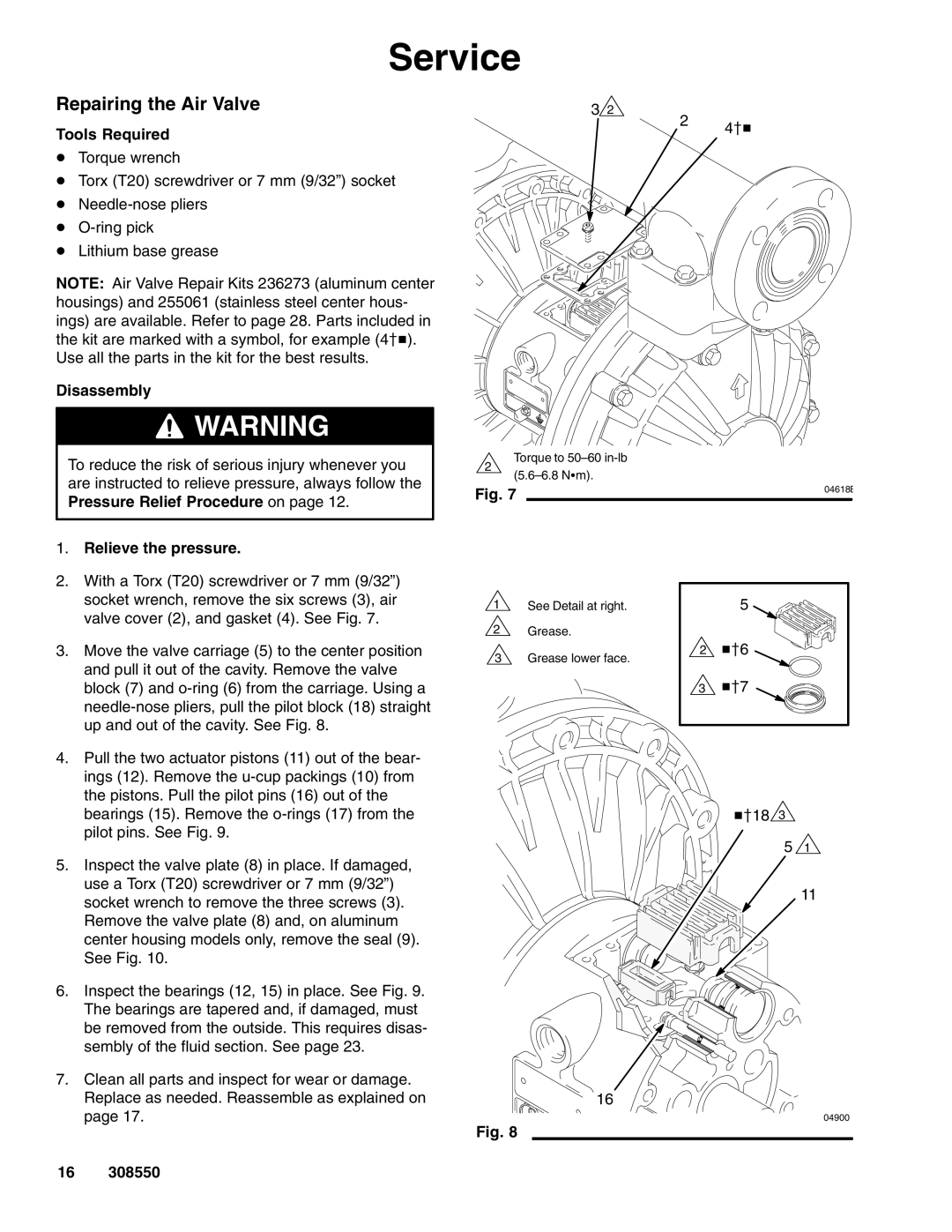 Graco 308550ZAC Service, Repairing the Air Valve, Tools Required, Disassembly, Relieve the pressure 