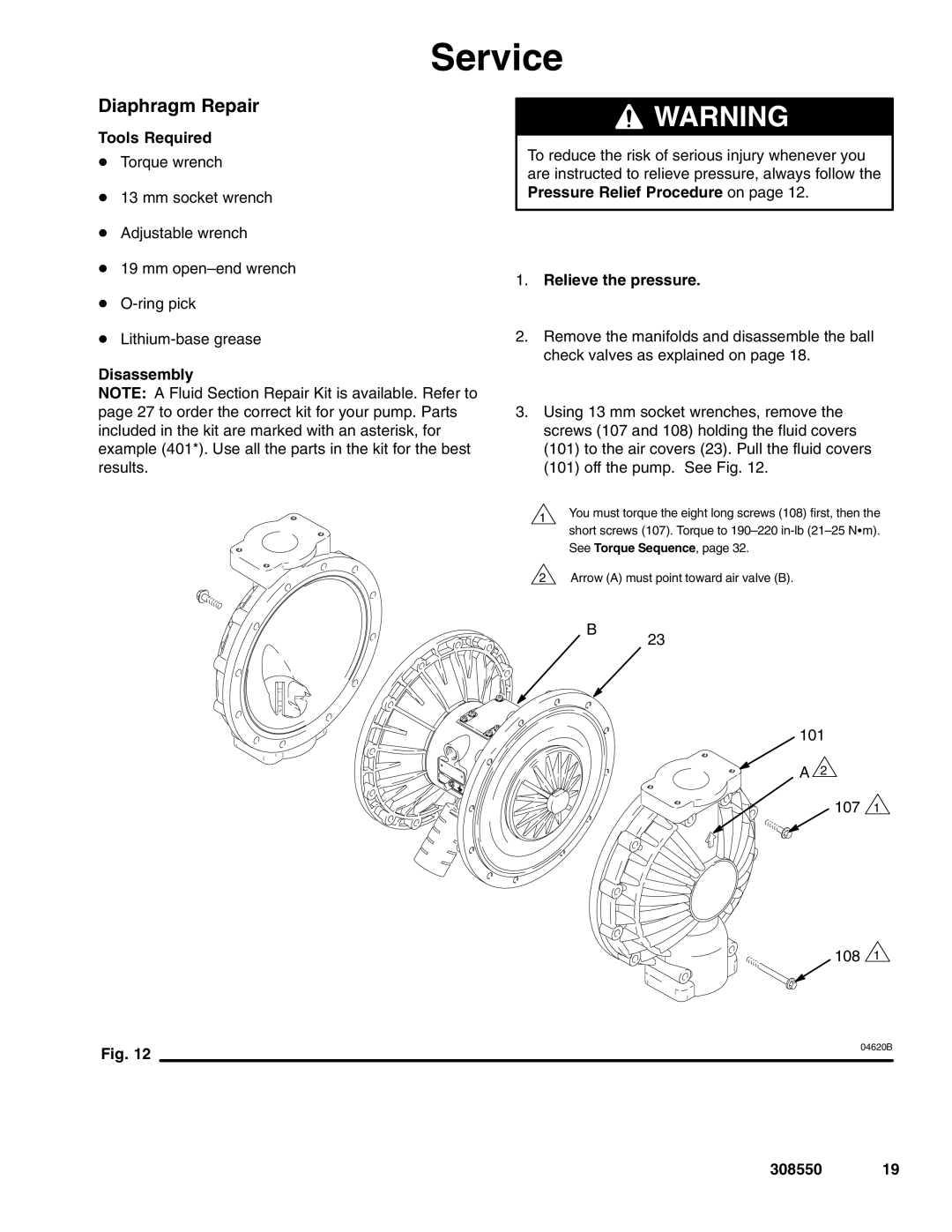 Graco 308550ZAC important safety instructions Diaphragm Repair, Relieve the pressure 