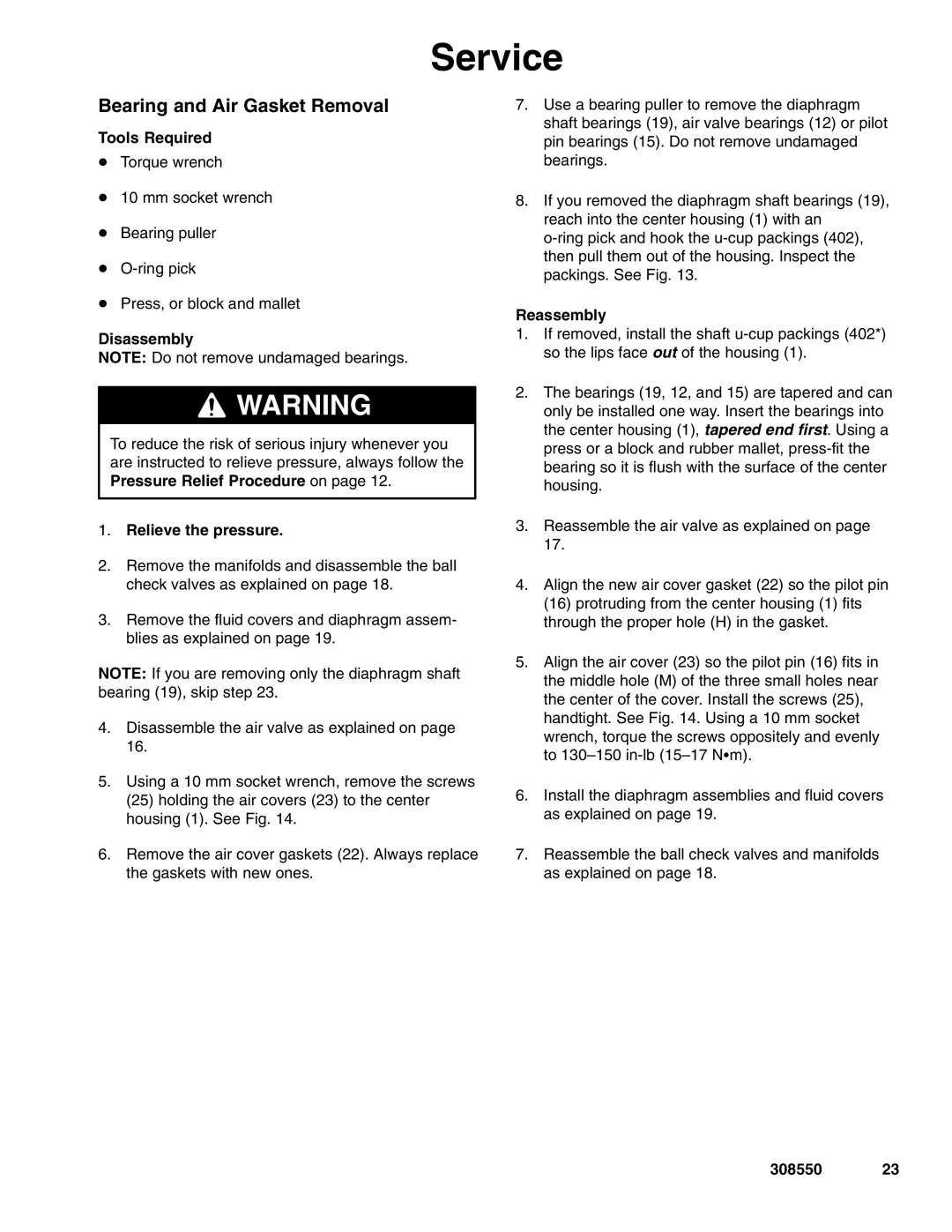 Graco 308550ZAC important safety instructions Bearing and Air Gasket Removal, Tools Required 