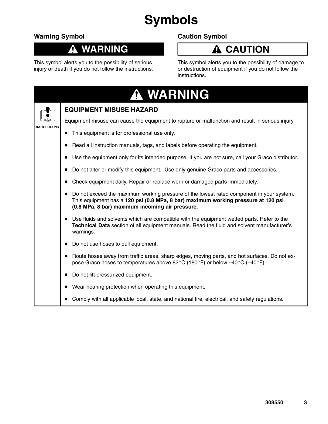 Graco 308550ZAC important safety instructions Symbols, Equipment Misuse Hazard 