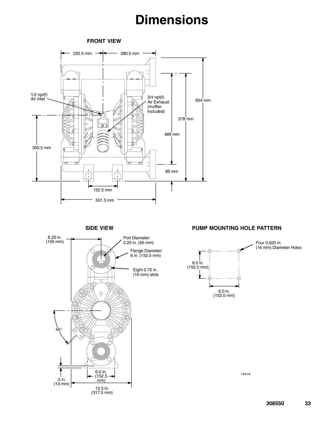 Graco 308550ZAC important safety instructions Dimensions, Front View, Side View Pump Mounting Hole Pattern 