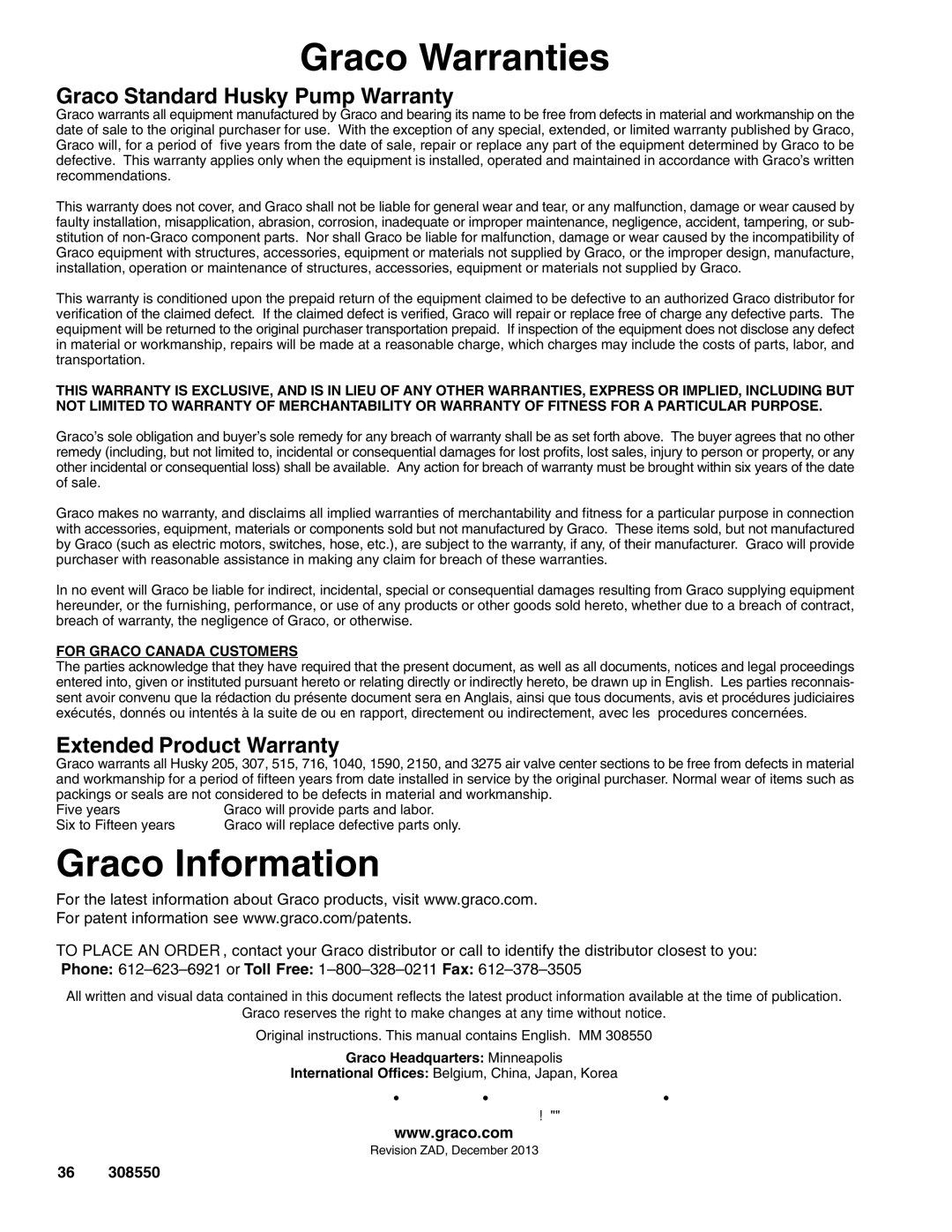 Graco 308550ZAD important safety instructions Graco Warranties, Graco Information 