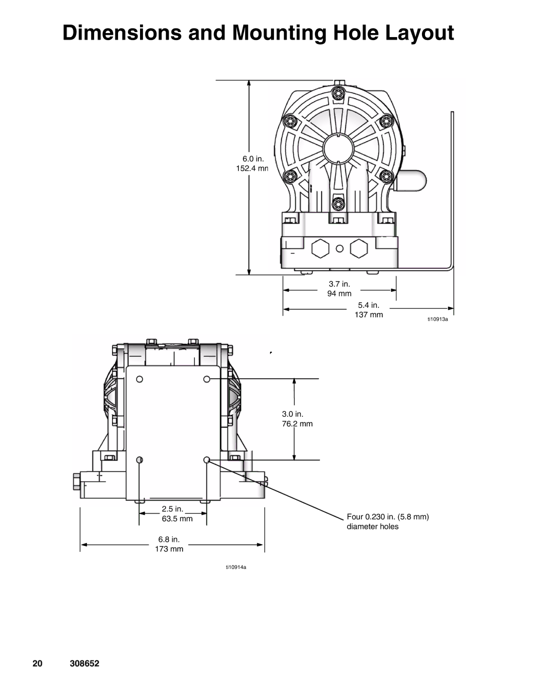 Graco 308652Y important safety instructions Dimensions and Mounting Hole Layout 