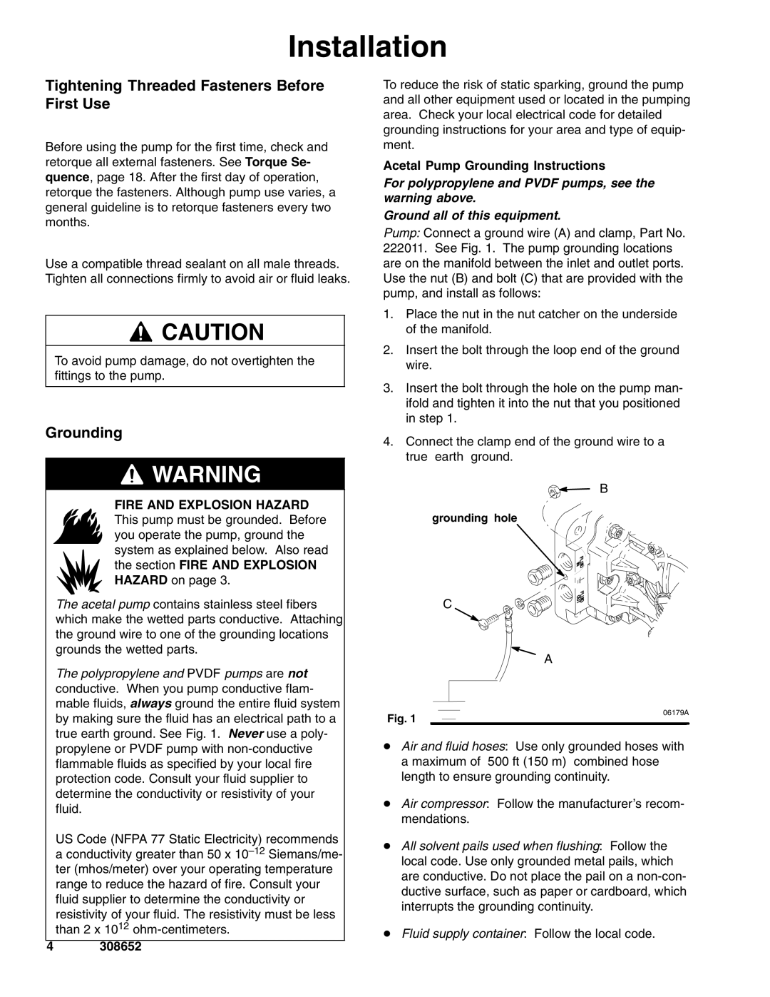 Graco 308652Y important safety instructions Installation, Tightening Threaded Fasteners Before First Use, Grounding 