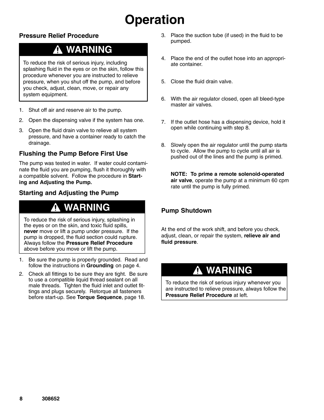 Graco 308652Y Operation, Pressure Relief Procedure, Flushing the Pump Before First Use, Starting and Adjusting the Pump 