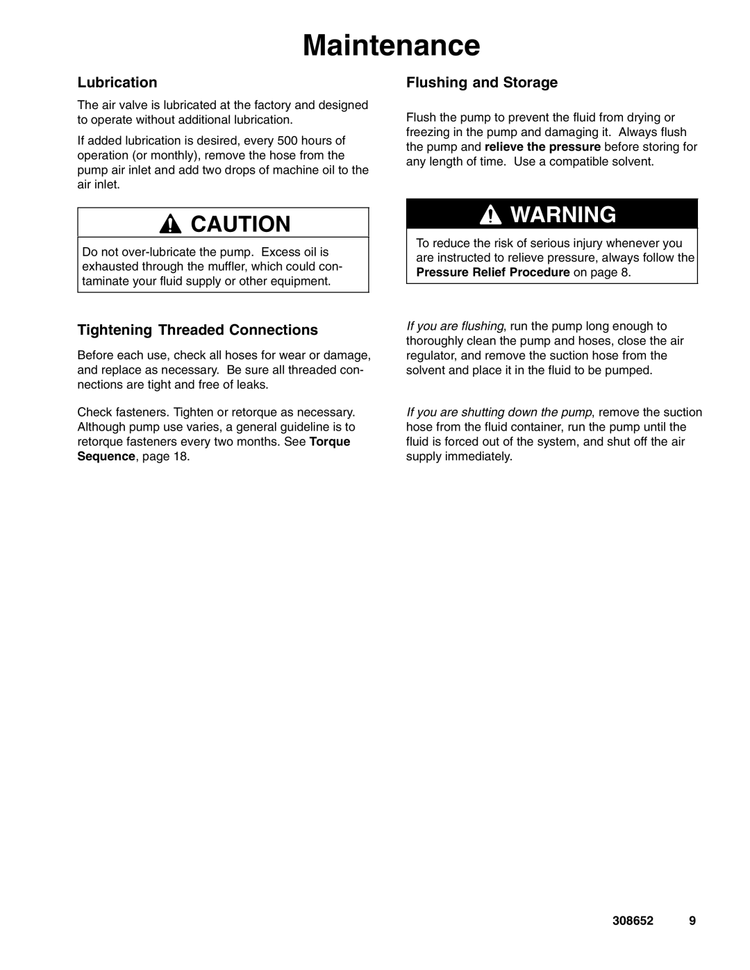 Graco 308652Y important safety instructions Maintenance, Lubrication, Tightening Threaded Connections, Flushing and Storage 