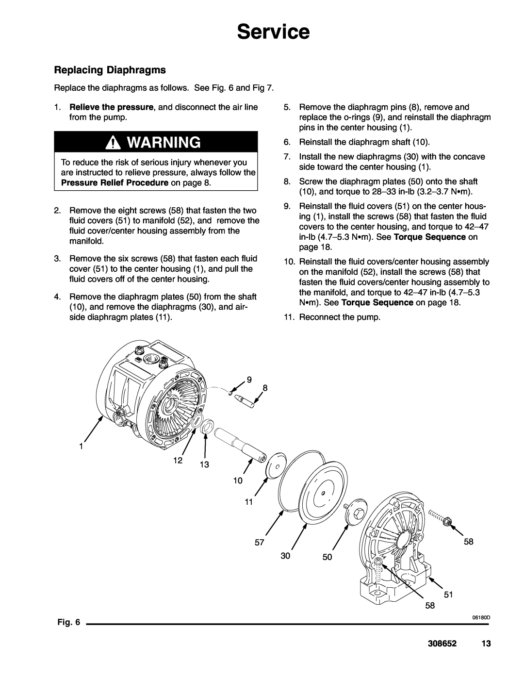 Graco 308652Y important safety instructions Replacing Diaphragms, Service, 06180D 
