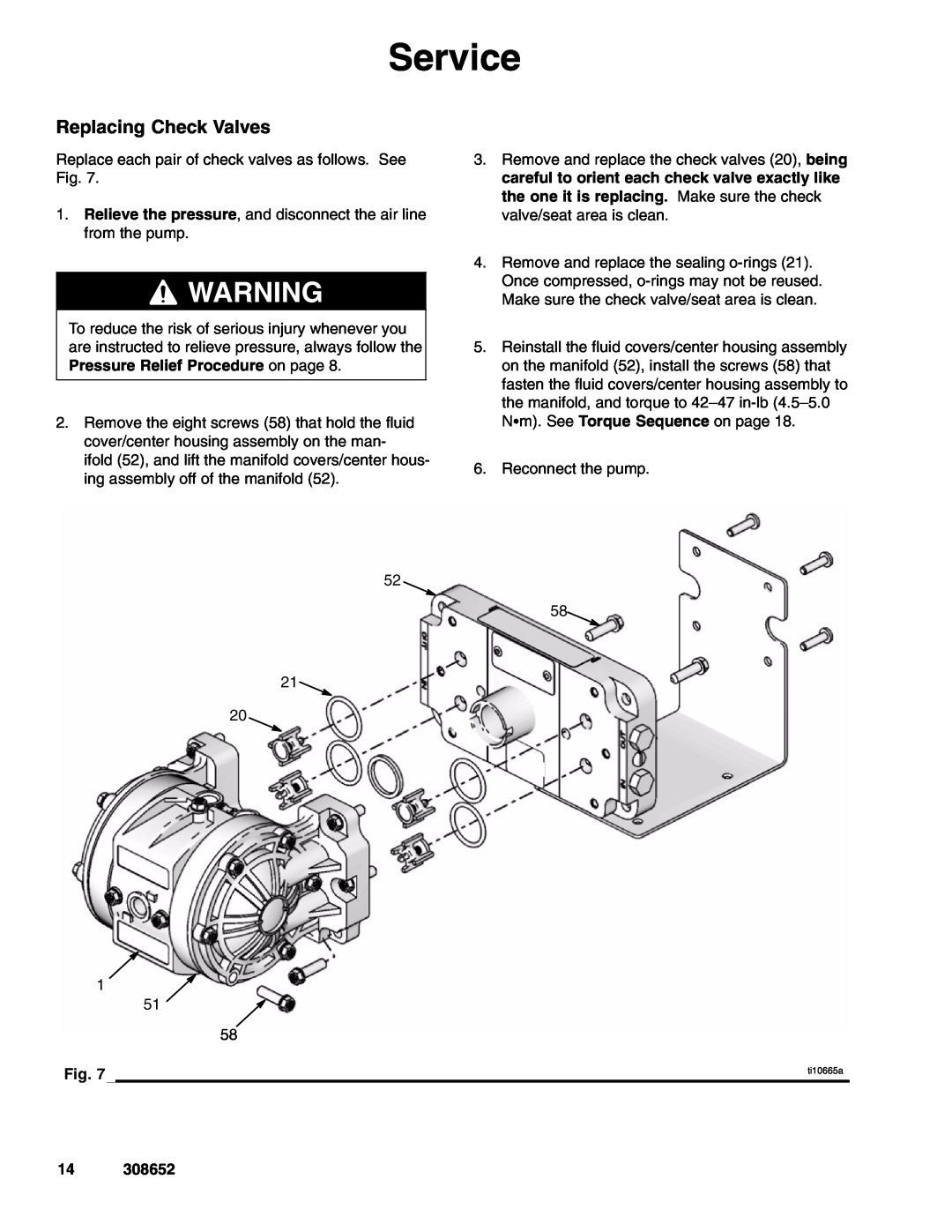 Graco 308652Y important safety instructions Replacing Check Valves, Service, ti10665a 