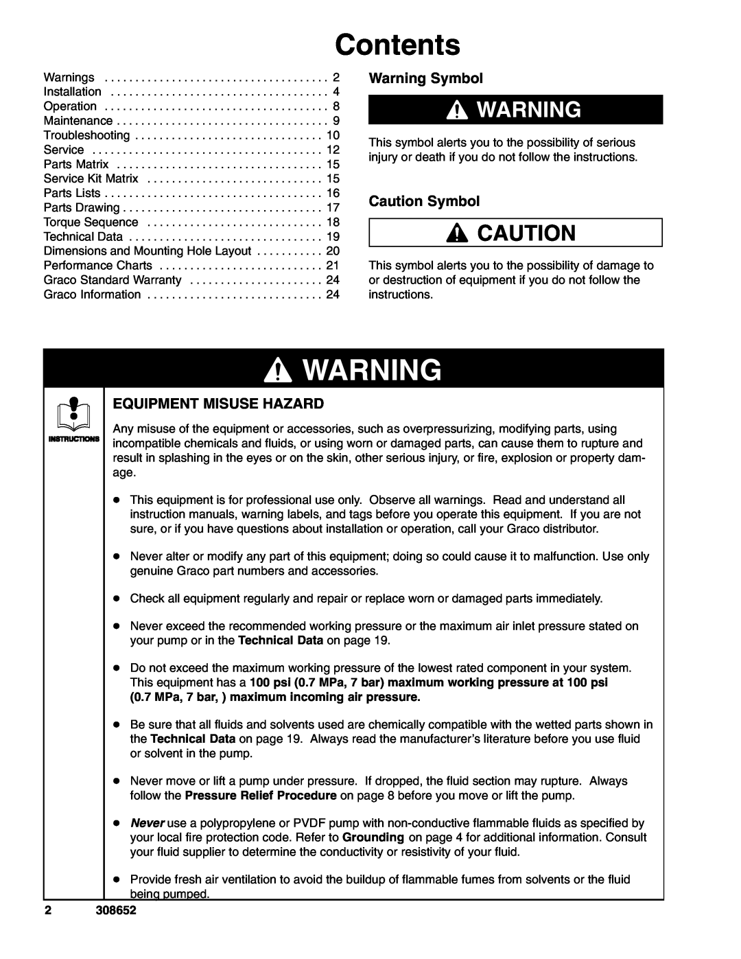 Graco 308652Y important safety instructions Contents, Warning Symbol, Caution Symbol, Equipment Misuse Hazard 