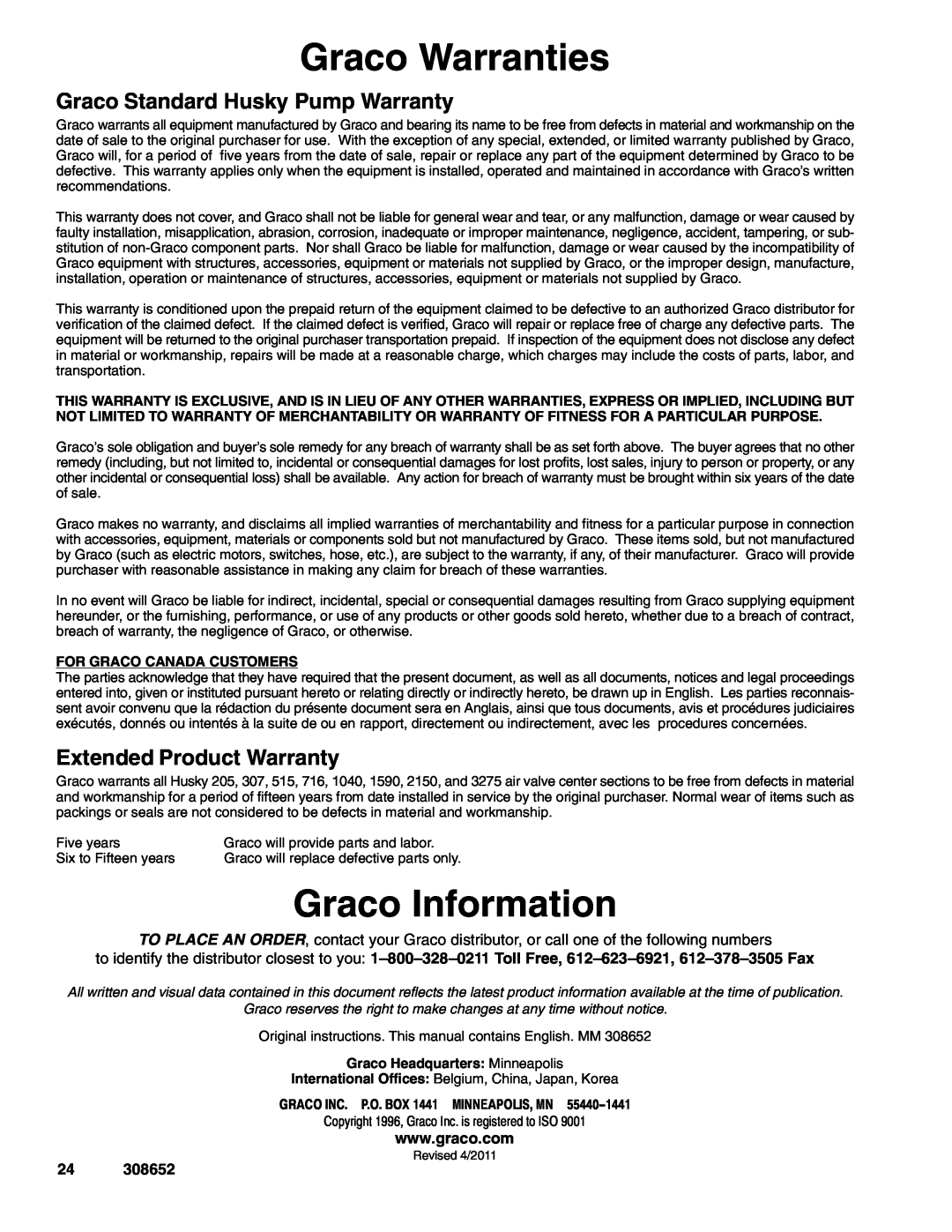 Graco 308652Y Graco Warranties, Graco Information, Graco Standard Husky Pump Warranty, Extended Product Warranty 