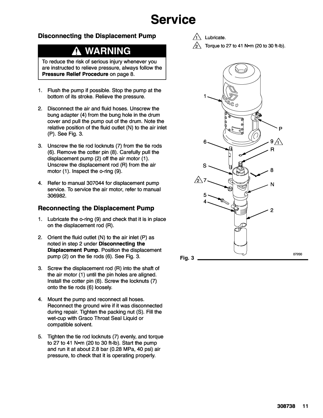 Graco 308738C manual Service, Disconnecting the Displacement Pump, Reconnecting the Displacement Pump 