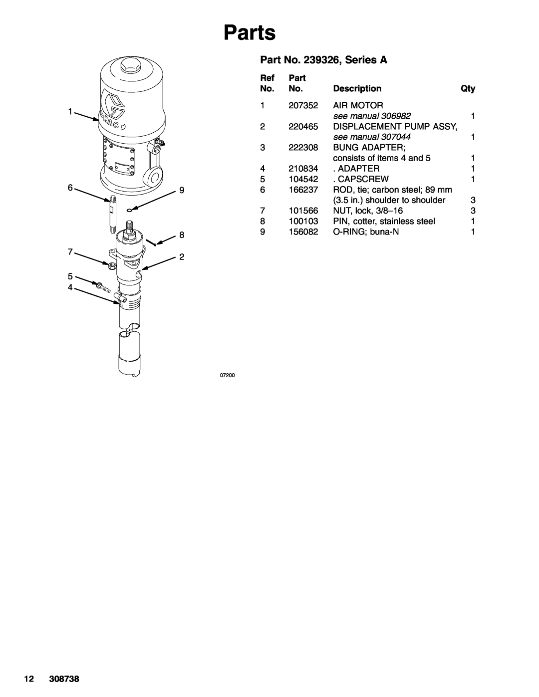 Graco 308738C manual Parts, Part No. 239326, Series A, Description 