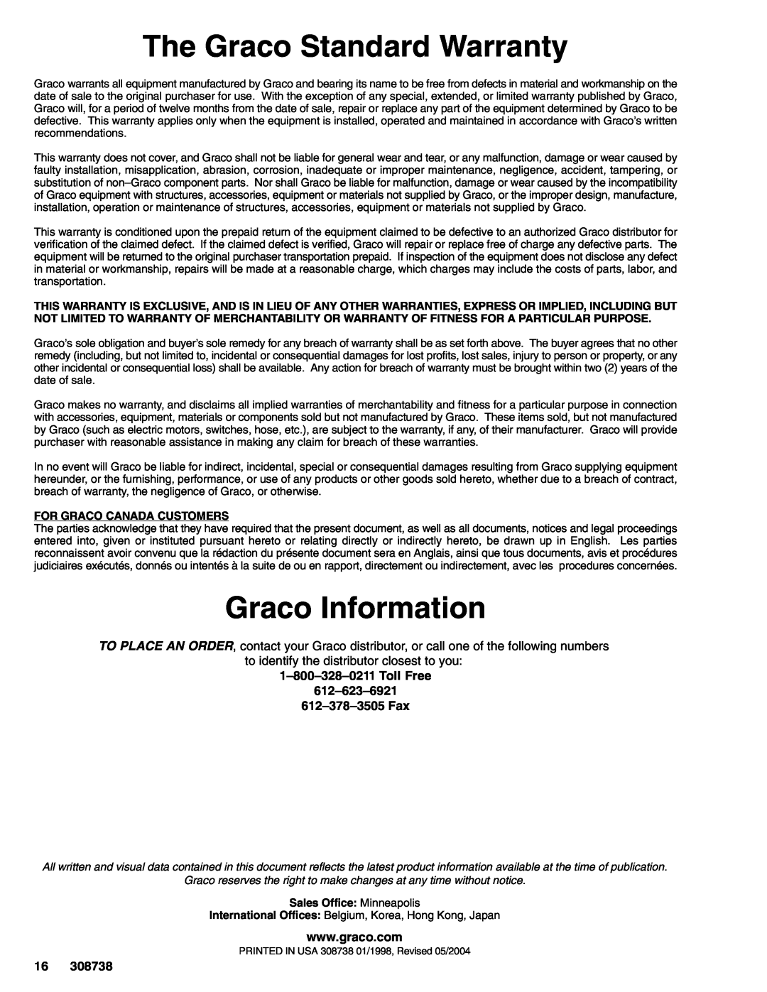 Graco 308738C manual The Graco Standard Warranty, Graco Information, For Graco Canada Customers, Sales Office Minneapolis 