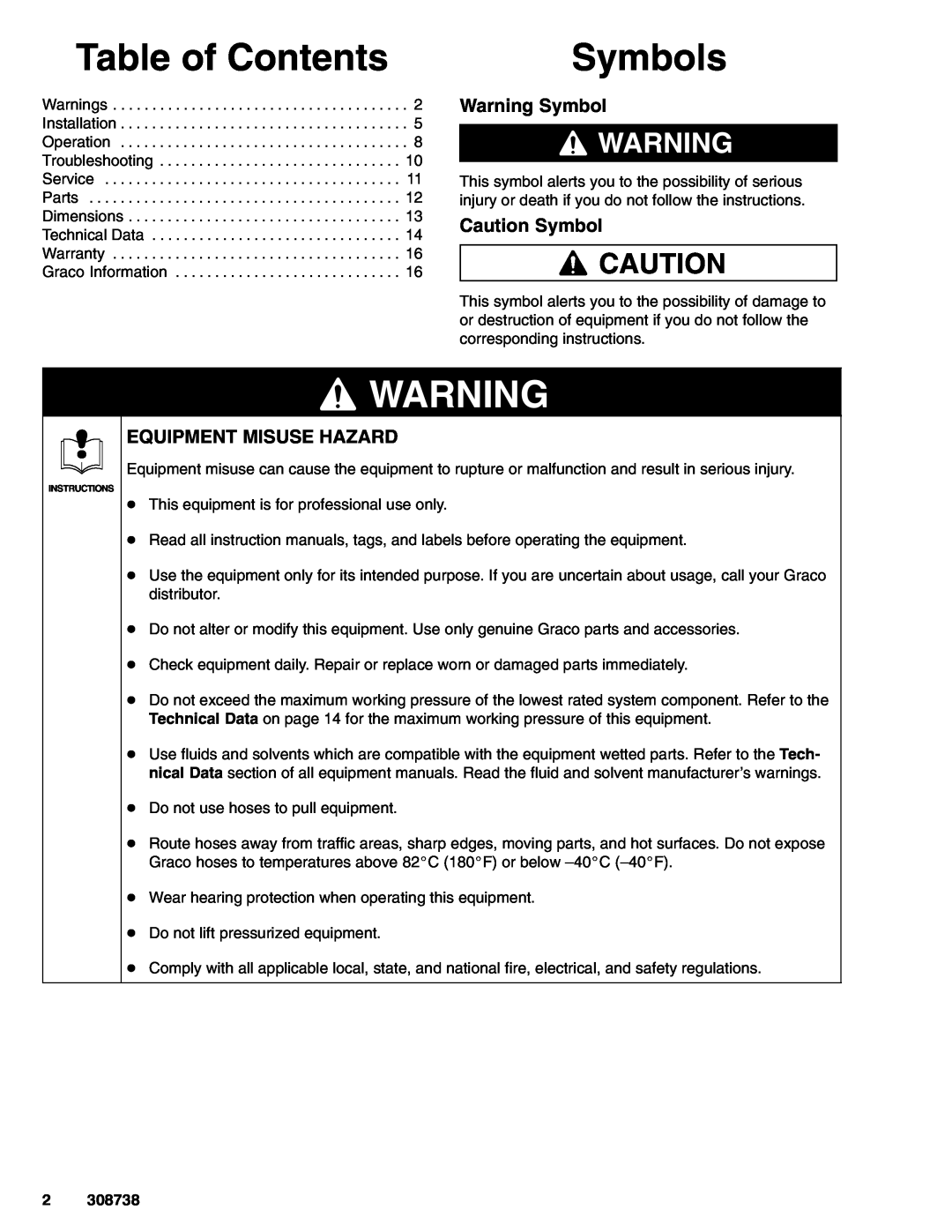 Graco 308738C manual Table of Contents, Symbols, Warning Symbol, Caution Symbol, Equipment Misuse Hazard 