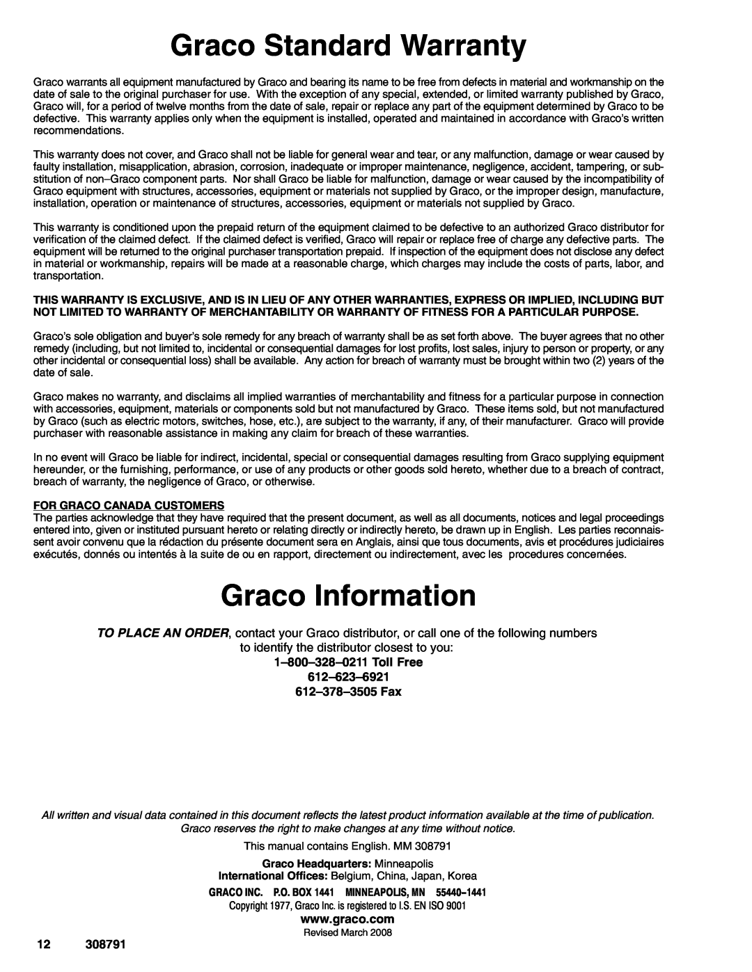 Graco 308791E Graco Standard Warranty, Graco Information, For Graco Canada Customers, Graco Headquarters Minneapolis 
