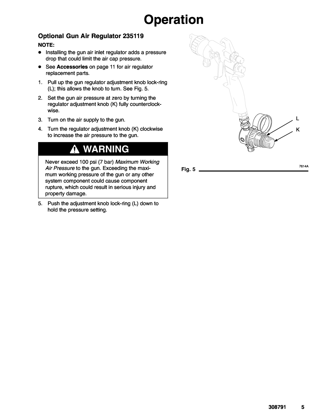 Graco 308791E important safety instructions Optional Gun Air Regulator, Operation 