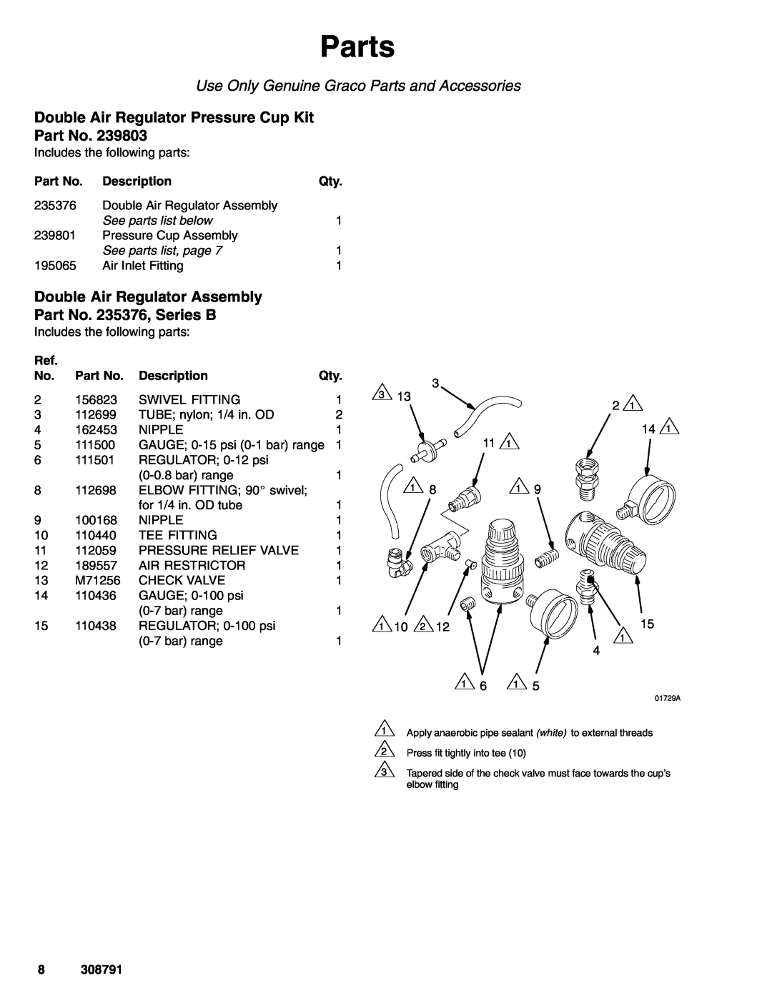 Graco 308791E Double Air Regulator Pressure Cup Kit, Double Air Regulator Assembly Part No. 235376, Series B, Parts 