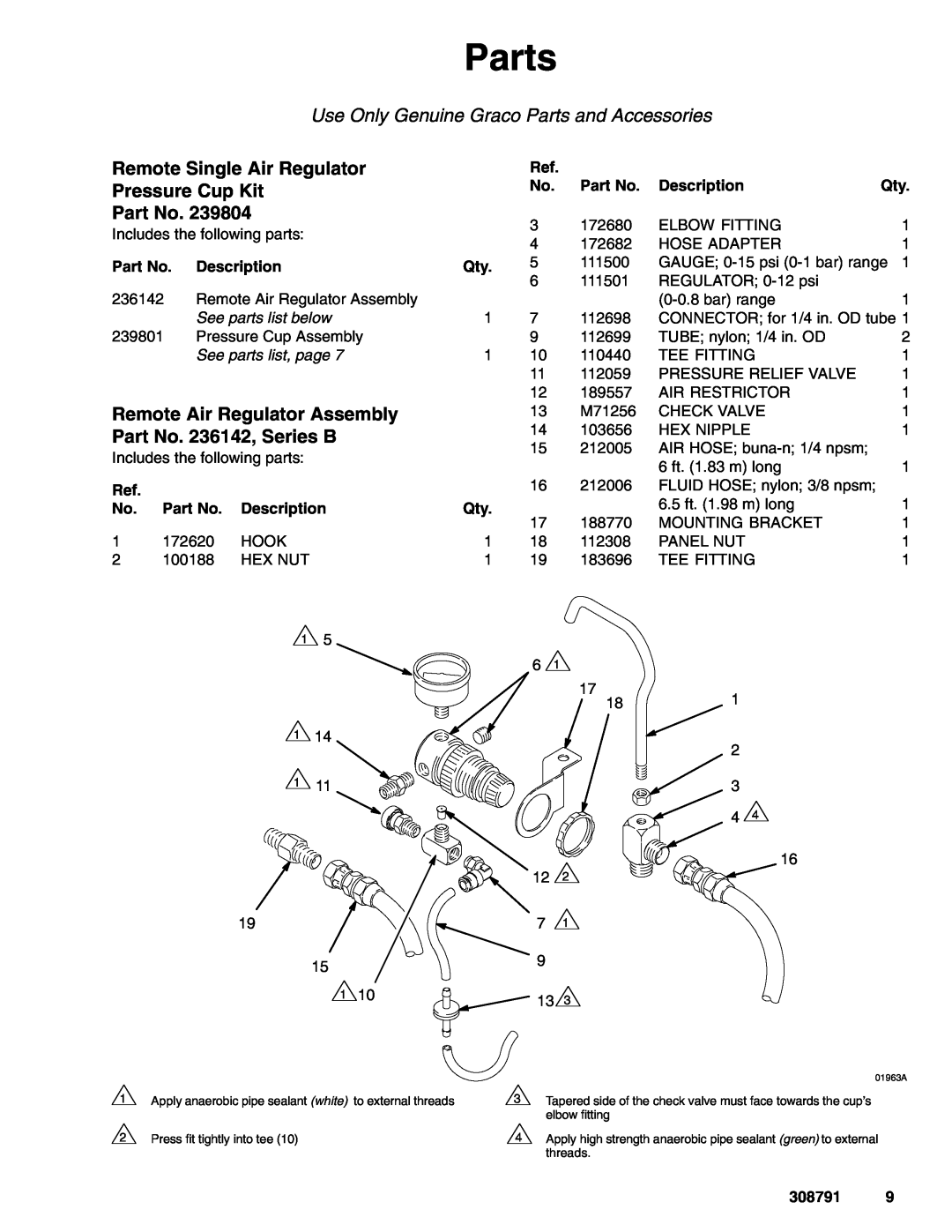 Graco 308791E Remote Single Air Regulator, Pressure Cup Kit, Remote Air Regulator Assembly, Part No. 236142, Series B 