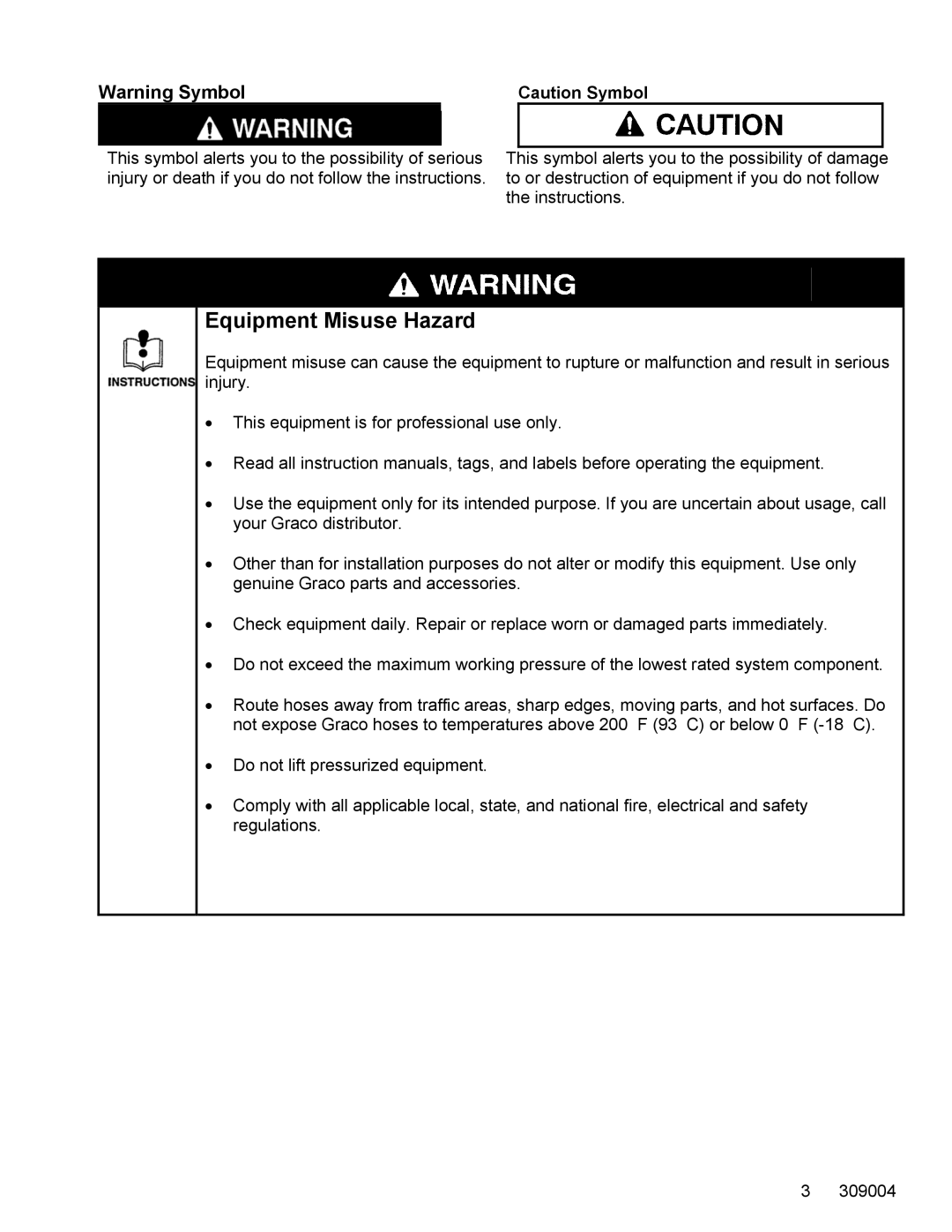 Graco 309004C important safety instructions Equipment Misuse Hazard 