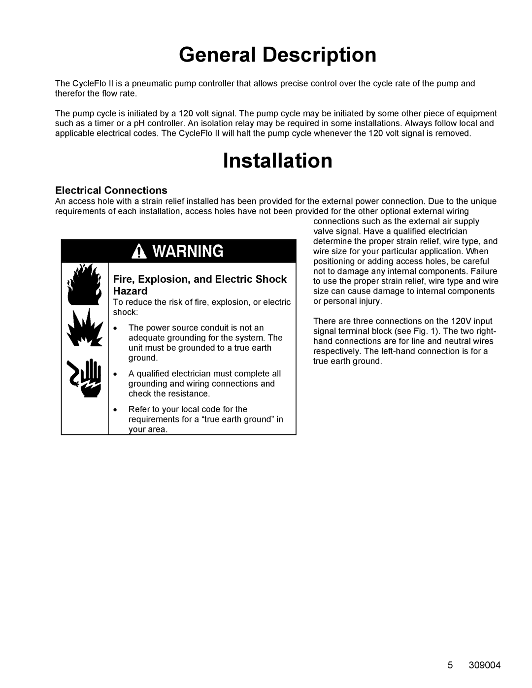 Graco 309004C important safety instructions General Description, Installation, Electrical Connections 