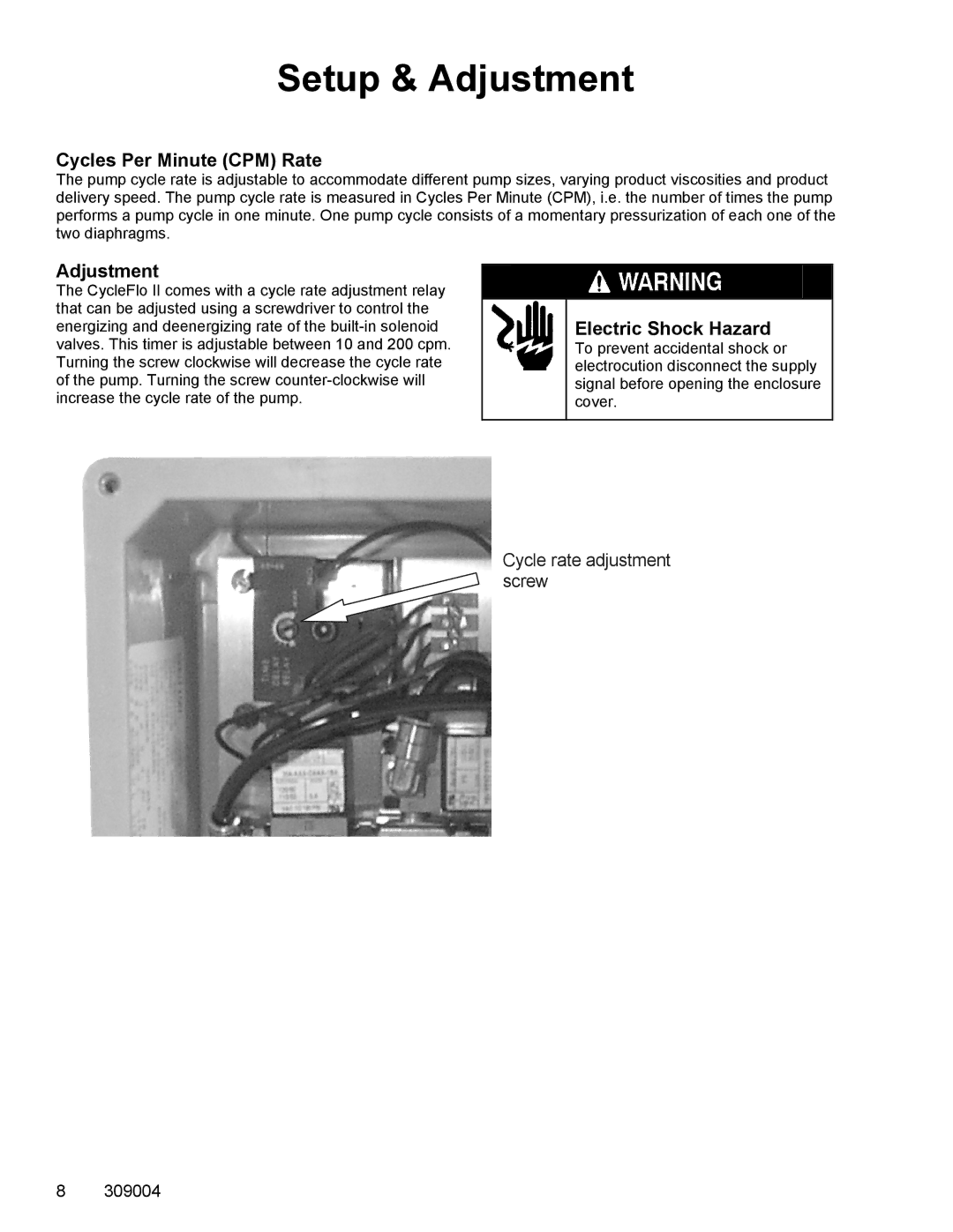 Graco 309004C important safety instructions Setup & Adjustment, Cycles Per Minute CPM Rate, Electric Shock Hazard 