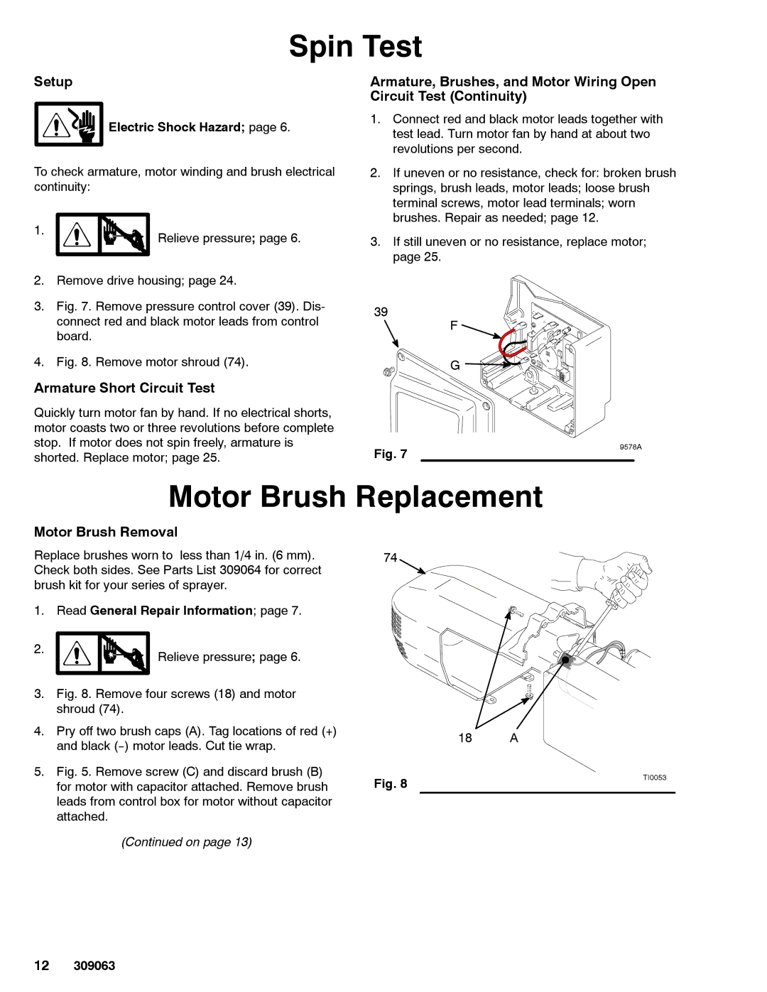 Graco 309063F Spin Test, Motor Brush Replacement, Electric Shock Hazard, Read General Repair Information 