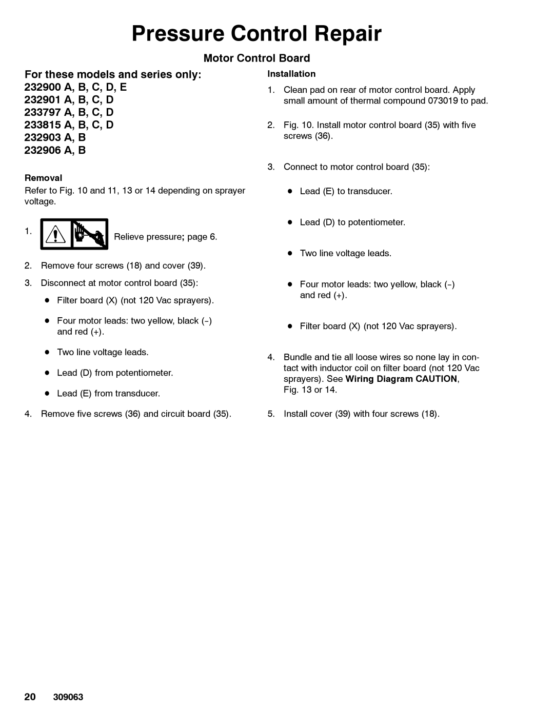 Graco 309063F important safety instructions Install motor control board 35 with five screws 