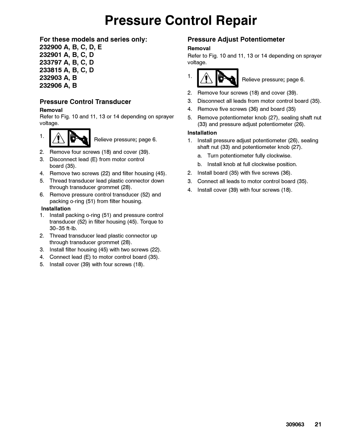 Graco 309063F important safety instructions Pressure Adjust Potentiometer 