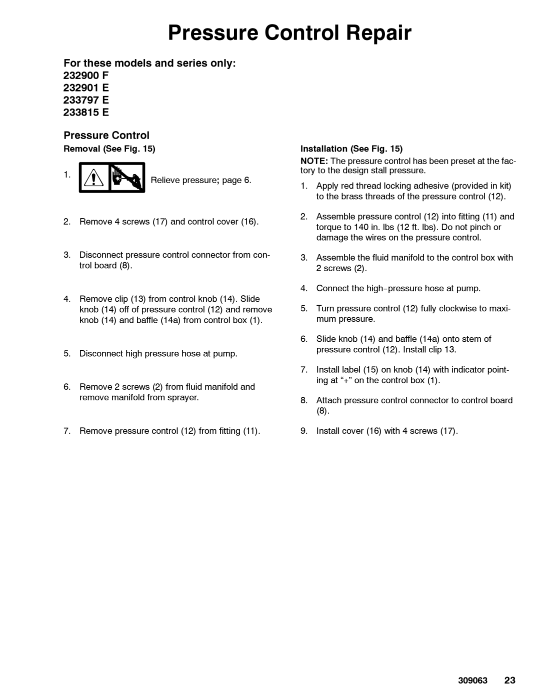 Graco 309063F important safety instructions Removal See Fig, Installation See Fig 