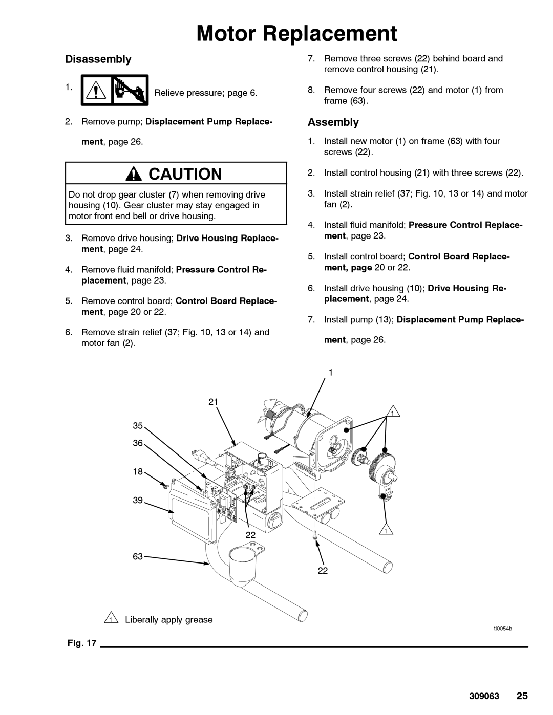 Graco 309063F important safety instructions Motor Replacement, Remove pump Displacement Pump Replace- ment 