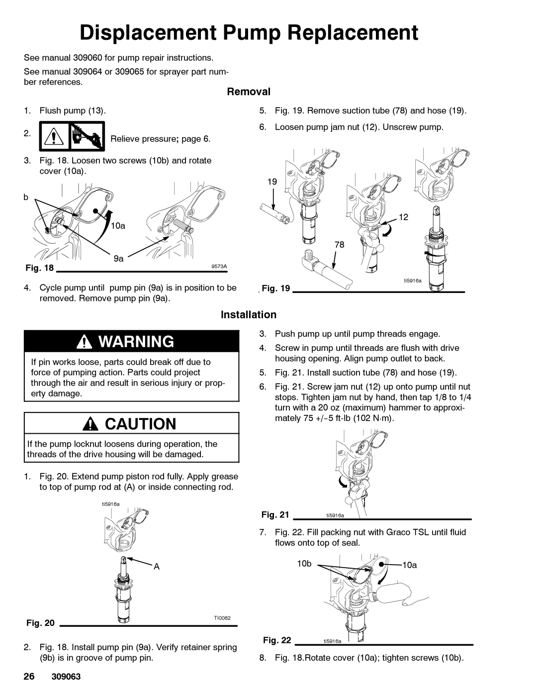 Graco 309063F important safety instructions Displacement Pump Replacement, Removal 