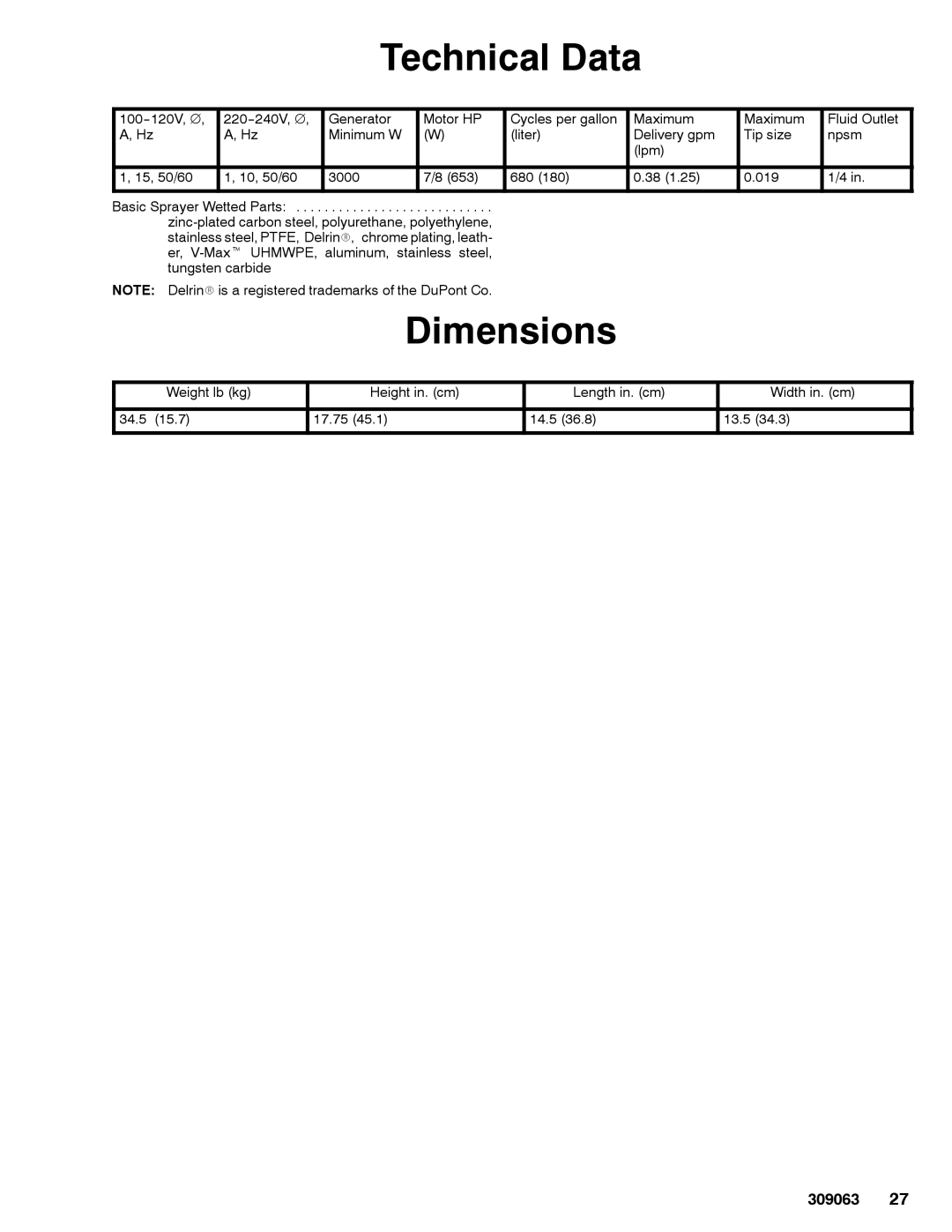 Graco 309063F important safety instructions Technical Data, Dimensions 